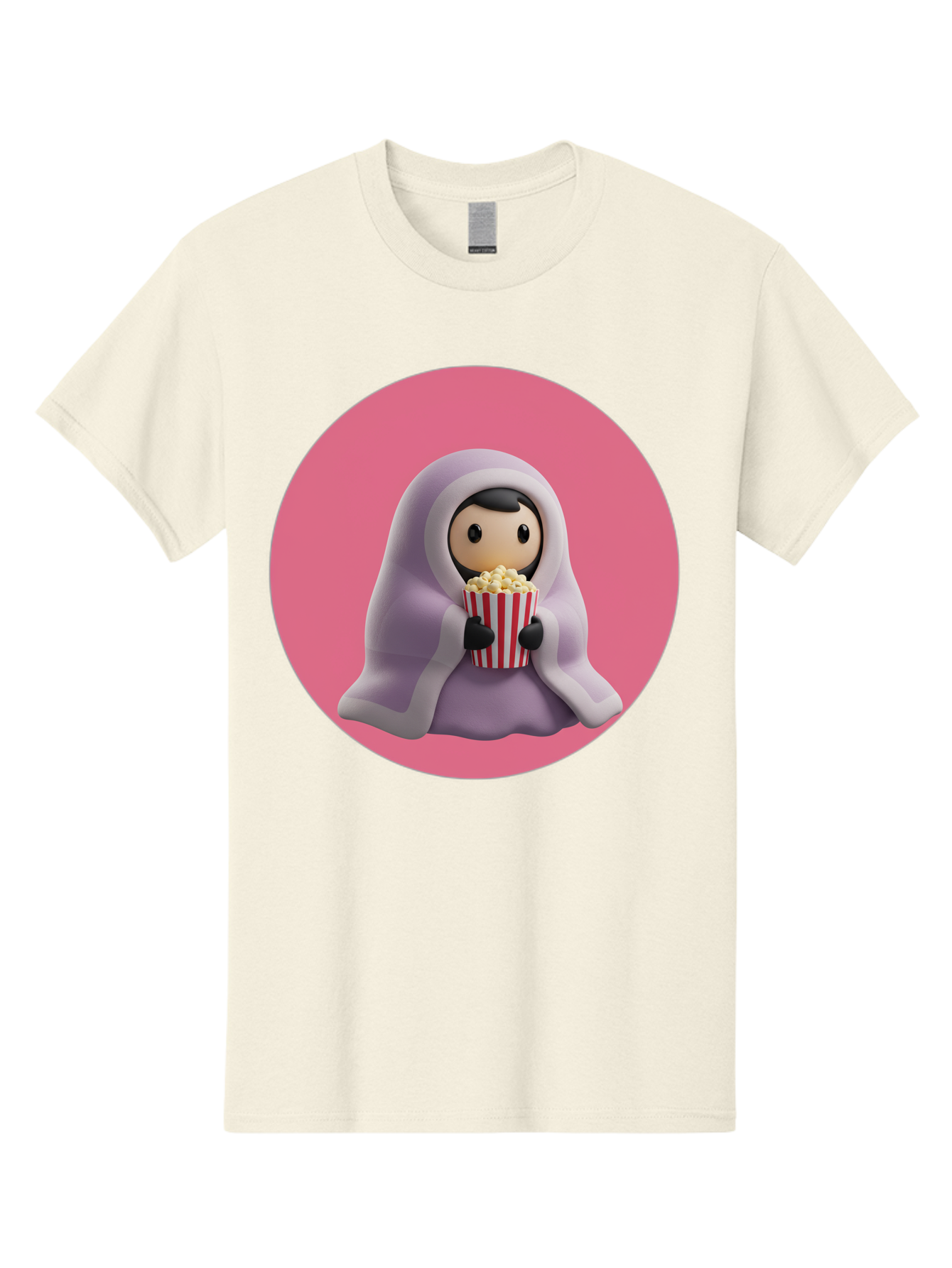 Muslim-Girl-Eating-Popcorn Men'S Graphic Tee, 100% Cotton, Comfortable Casual Summer Wear, Machine Washable, Muslim Girl Eating Popcorn, Cartoon Character, Purple Hijab, Red And White Striped Bucket, Funny Illustration, Kawaii Art, Bac192