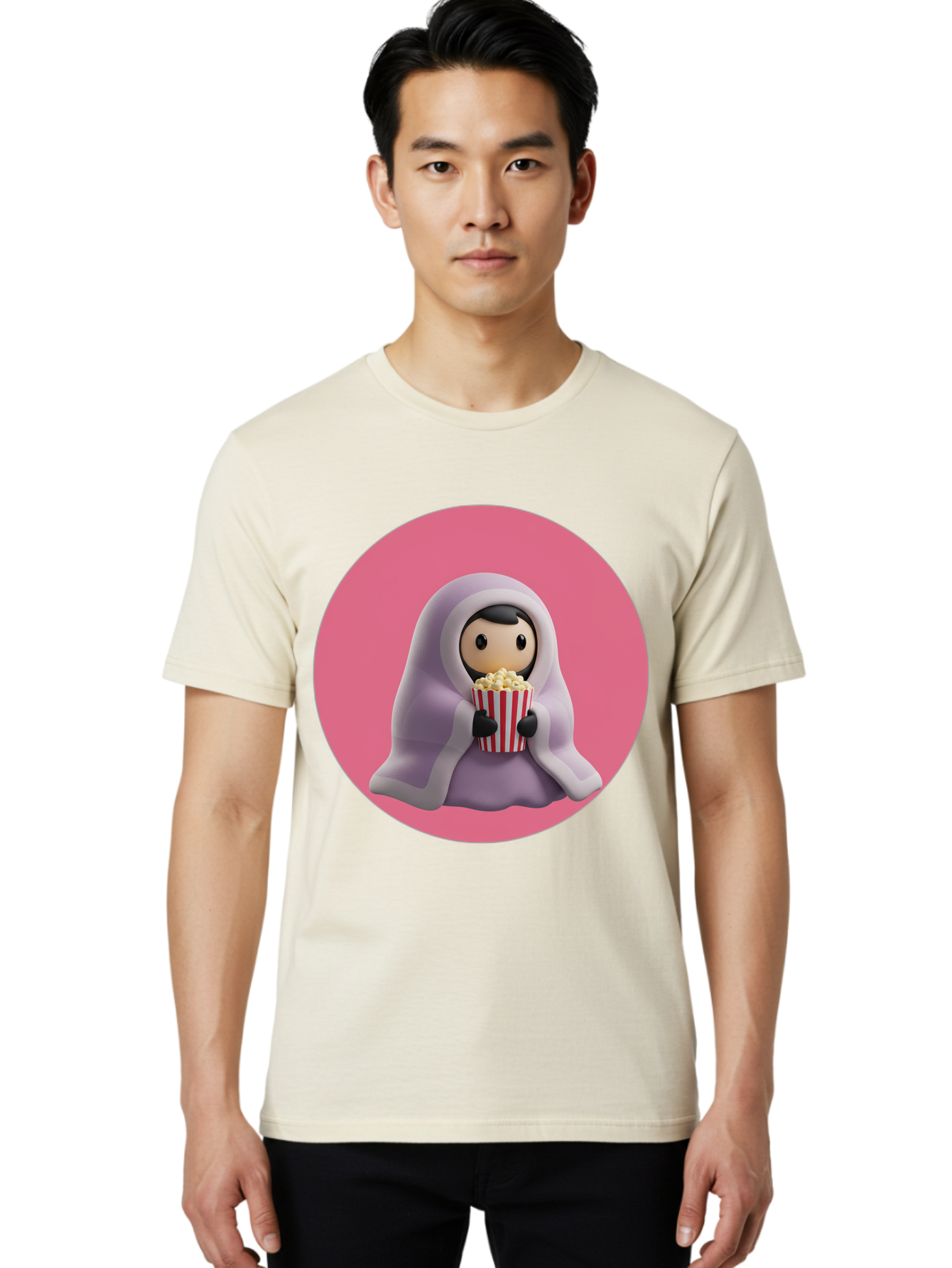 Muslim-Girl-Eating-Popcorn Men'S Graphic Tee, 100% Cotton, Comfortable Casual Summer Wear, Machine Washable, Muslim Girl Eating Popcorn, Cartoon Character, Purple Hijab, Red And White Striped Bucket, Funny Illustration, Kawaii Art, Bac192