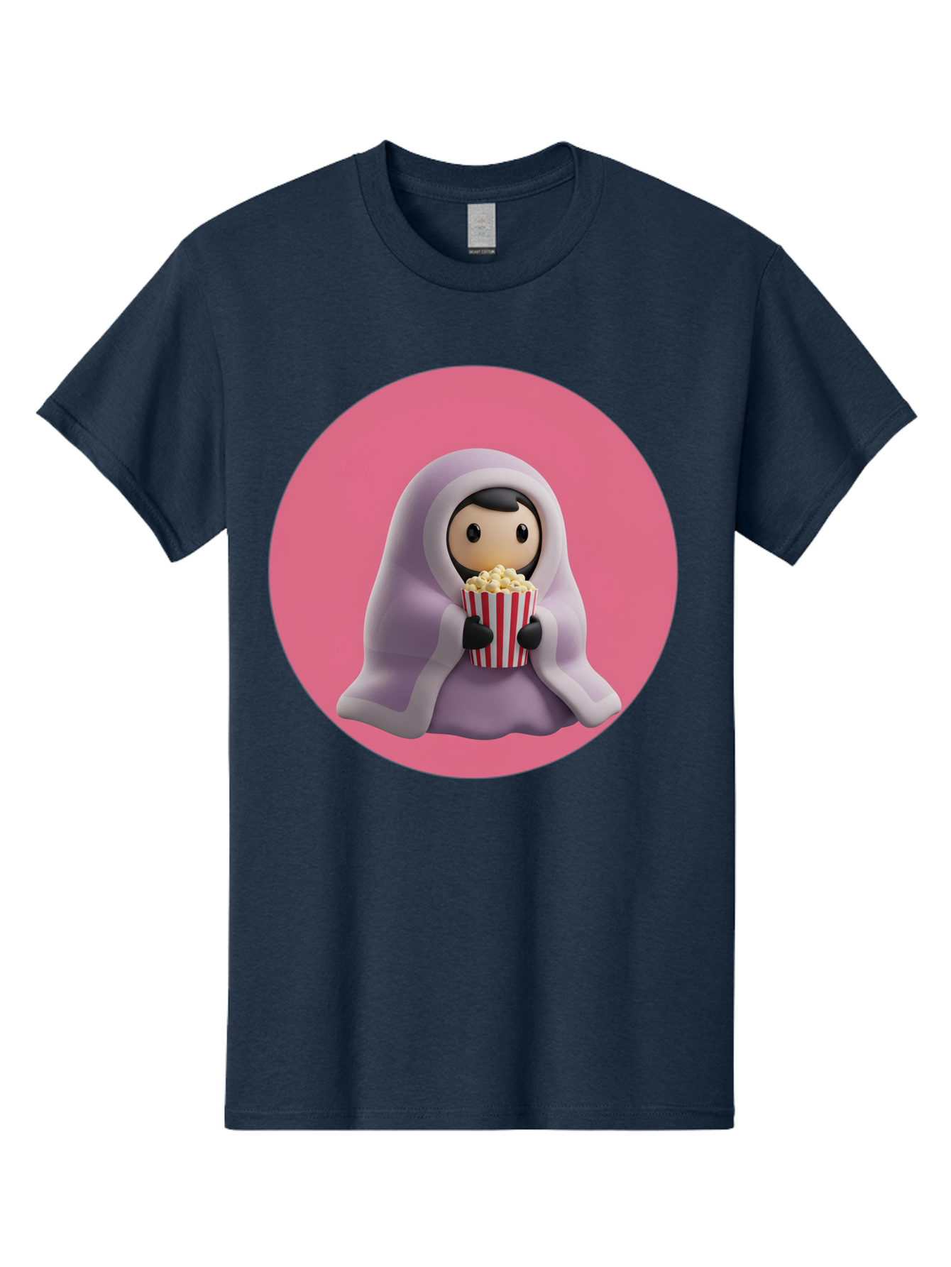 Muslim-Girl-Eating-Popcorn Men'S Graphic Tee, 100% Cotton, Comfortable Casual Summer Wear, Machine Washable, Muslim Girl Eating Popcorn, Cartoon Character, Purple Hijab, Red And White Striped Bucket, Funny Illustration, Kawaii Art, Bac192