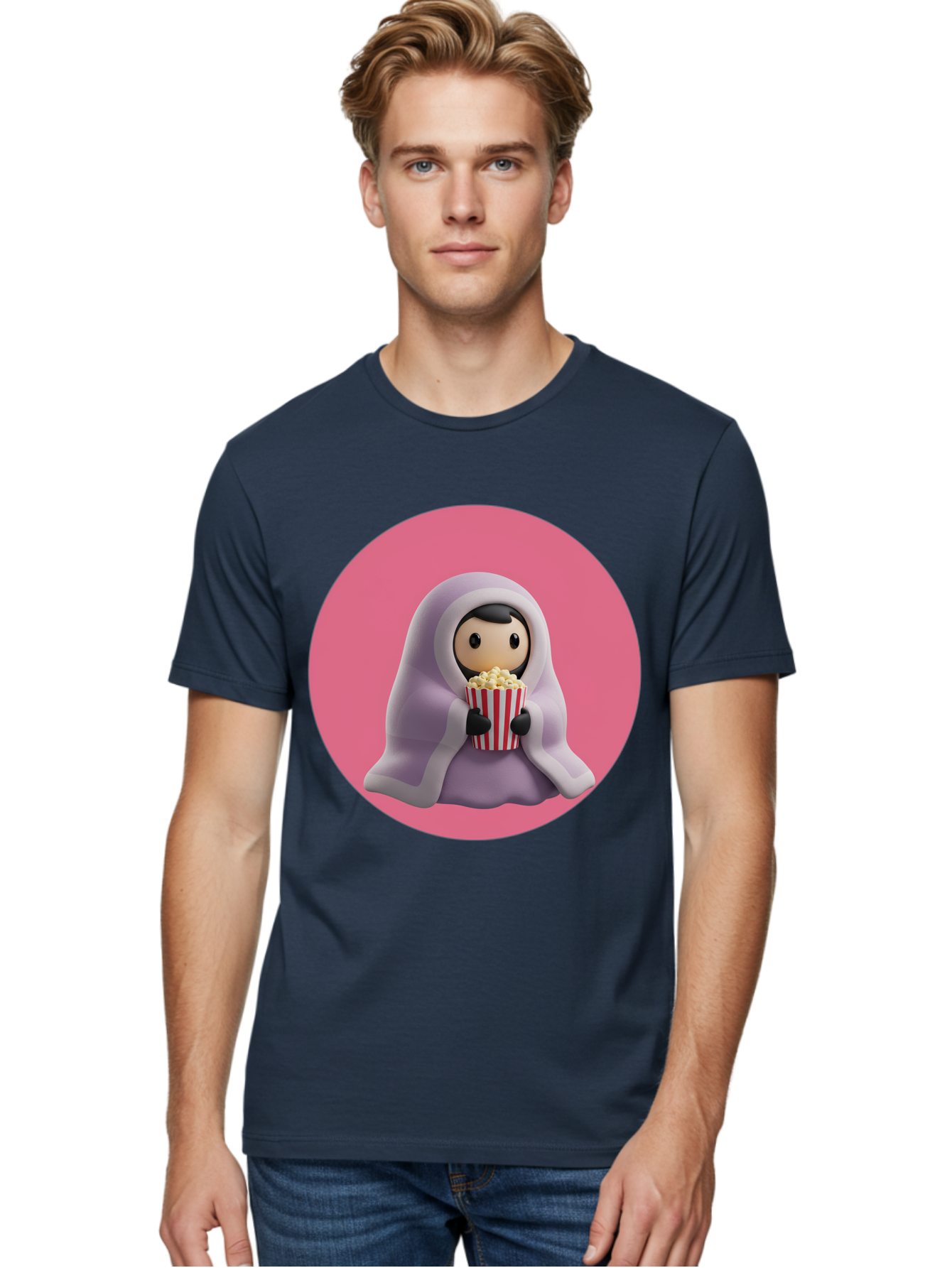 Muslim-Girl-Eating-Popcorn Men'S Graphic Tee, 100% Cotton, Comfortable Casual Summer Wear, Machine Washable, Muslim Girl Eating Popcorn, Cartoon Character, Purple Hijab, Red And White Striped Bucket, Funny Illustration, Kawaii Art, Bac192