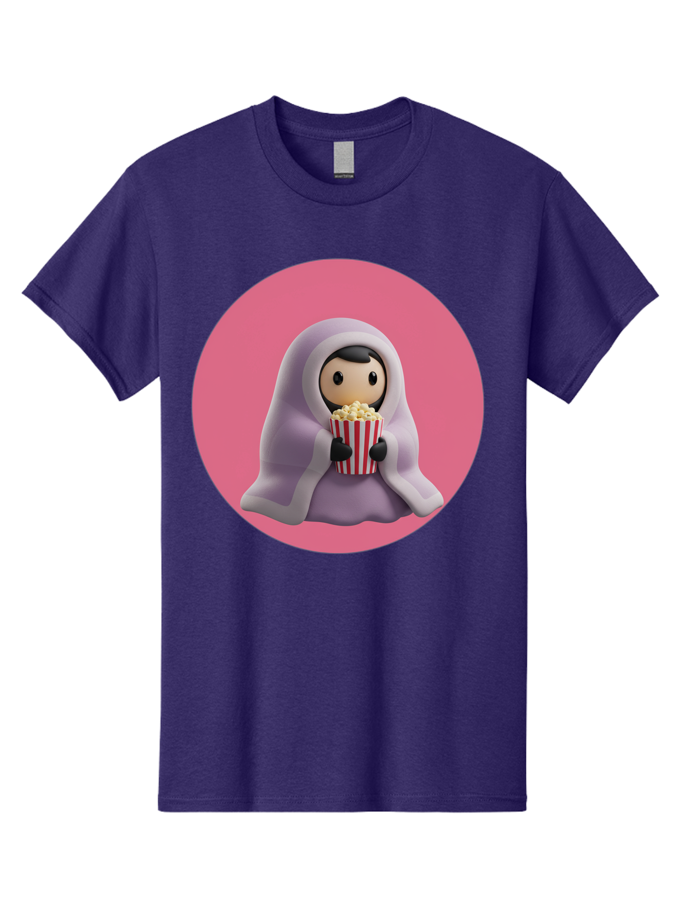 Muslim-Girl-Eating-Popcorn Men'S Graphic Tee, 100% Cotton, Comfortable Casual Summer Wear, Machine Washable, Muslim Girl Eating Popcorn, Cartoon Character, Purple Hijab, Red And White Striped Bucket, Funny Illustration, Kawaii Art, Bac192