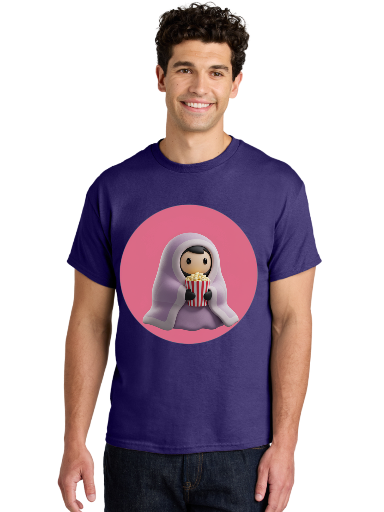 Muslim-Girl-Eating-Popcorn Men'S Graphic Tee, 100% Cotton, Comfortable Casual Summer Wear, Machine Washable, Muslim Girl Eating Popcorn, Cartoon Character, Purple Hijab, Red And White Striped Bucket, Funny Illustration, Kawaii Art, Bac192