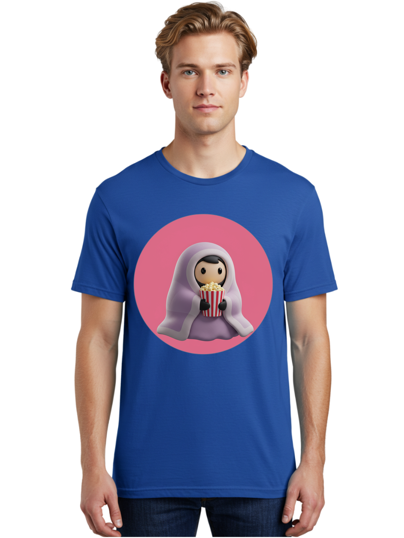 Muslim-Girl-Eating-Popcorn Men'S Graphic Tee, 100% Cotton, Comfortable Casual Summer Wear, Machine Washable, Muslim Girl Eating Popcorn, Cartoon Character, Purple Hijab, Red And White Striped Bucket, Funny Illustration, Kawaii Art, Bac192