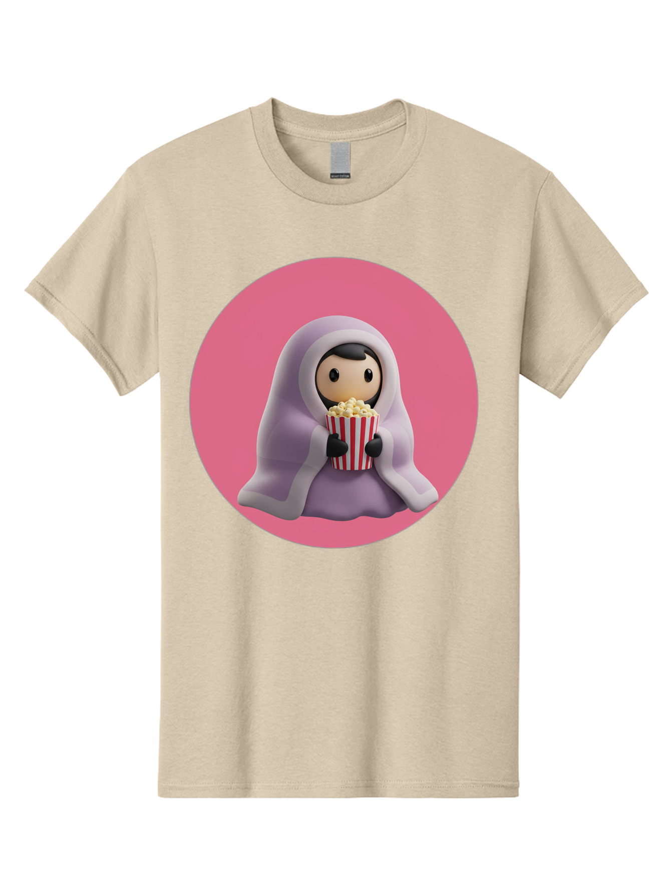 Muslim-Girl-Eating-Popcorn Men'S Graphic Tee, 100% Cotton, Comfortable Casual Summer Wear, Machine Washable, Muslim Girl Eating Popcorn, Cartoon Character, Purple Hijab, Red And White Striped Bucket, Funny Illustration, Kawaii Art, Bac192