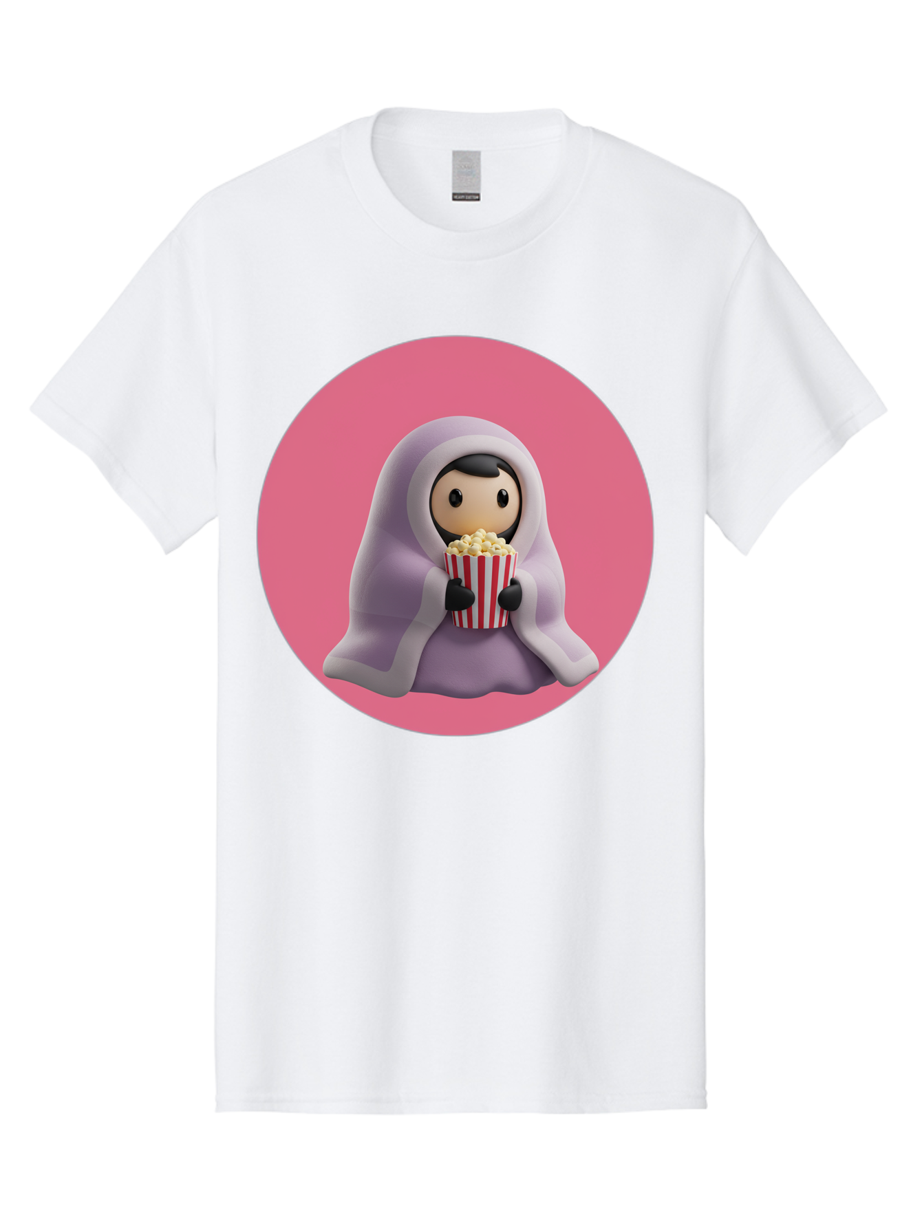 Muslim-Girl-Eating-Popcorn Men'S Graphic Tee, 100% Cotton, Comfortable Casual Summer Wear, Machine Washable, Muslim Girl Eating Popcorn, Cartoon Character, Purple Hijab, Red And White Striped Bucket, Funny Illustration, Kawaii Art, Bac192