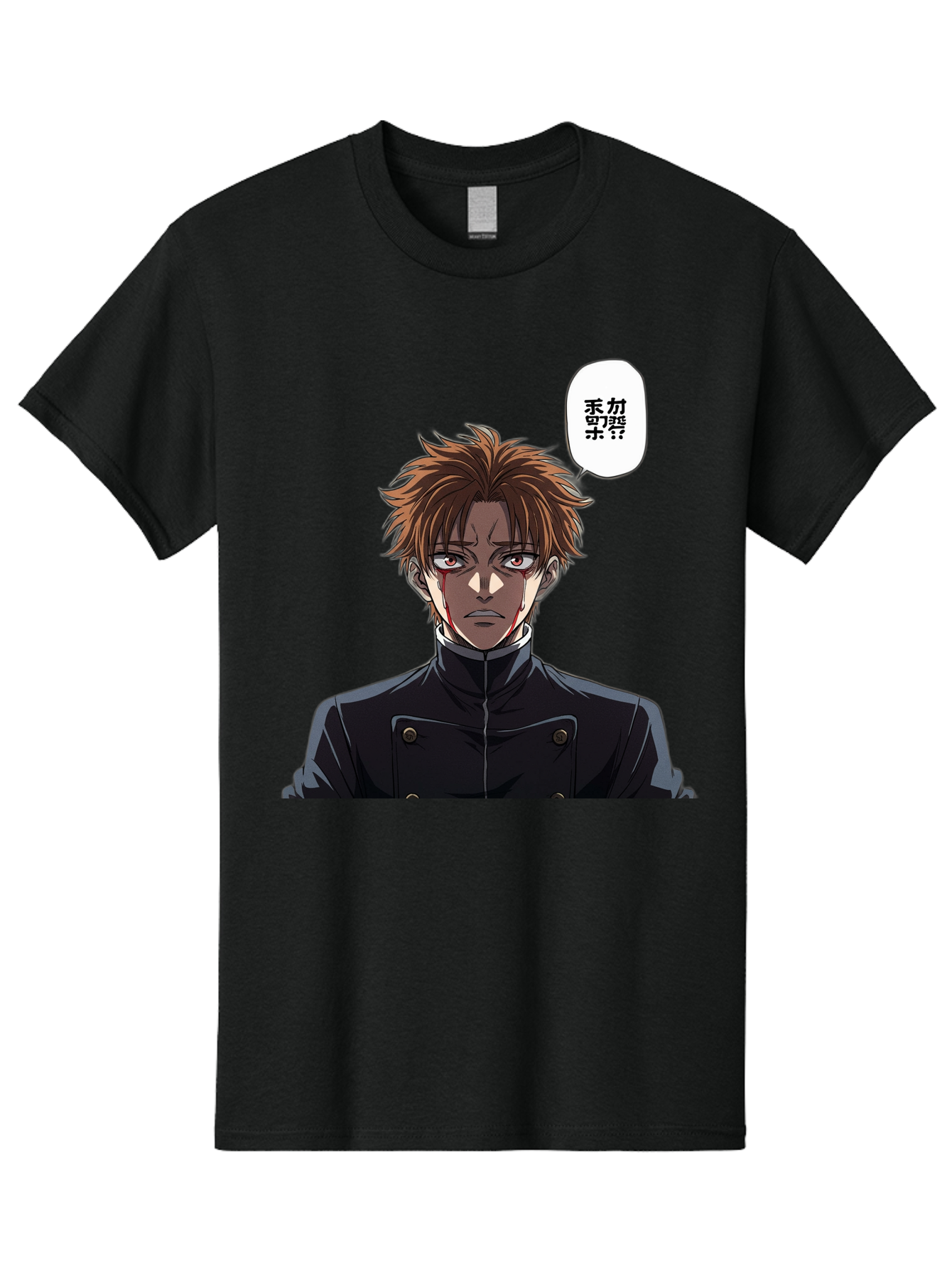 Mysterious-Man Men'S Graphic Tee, 100% Cotton, Comfortable Casual Summer Wear, Machine Washable, Anime Character With Bleeding Face, Mysterious Expression, Unknown Language, Intense Gaze, Chikage, Manga Style, Japanese Text, Black Jacket, Bac193