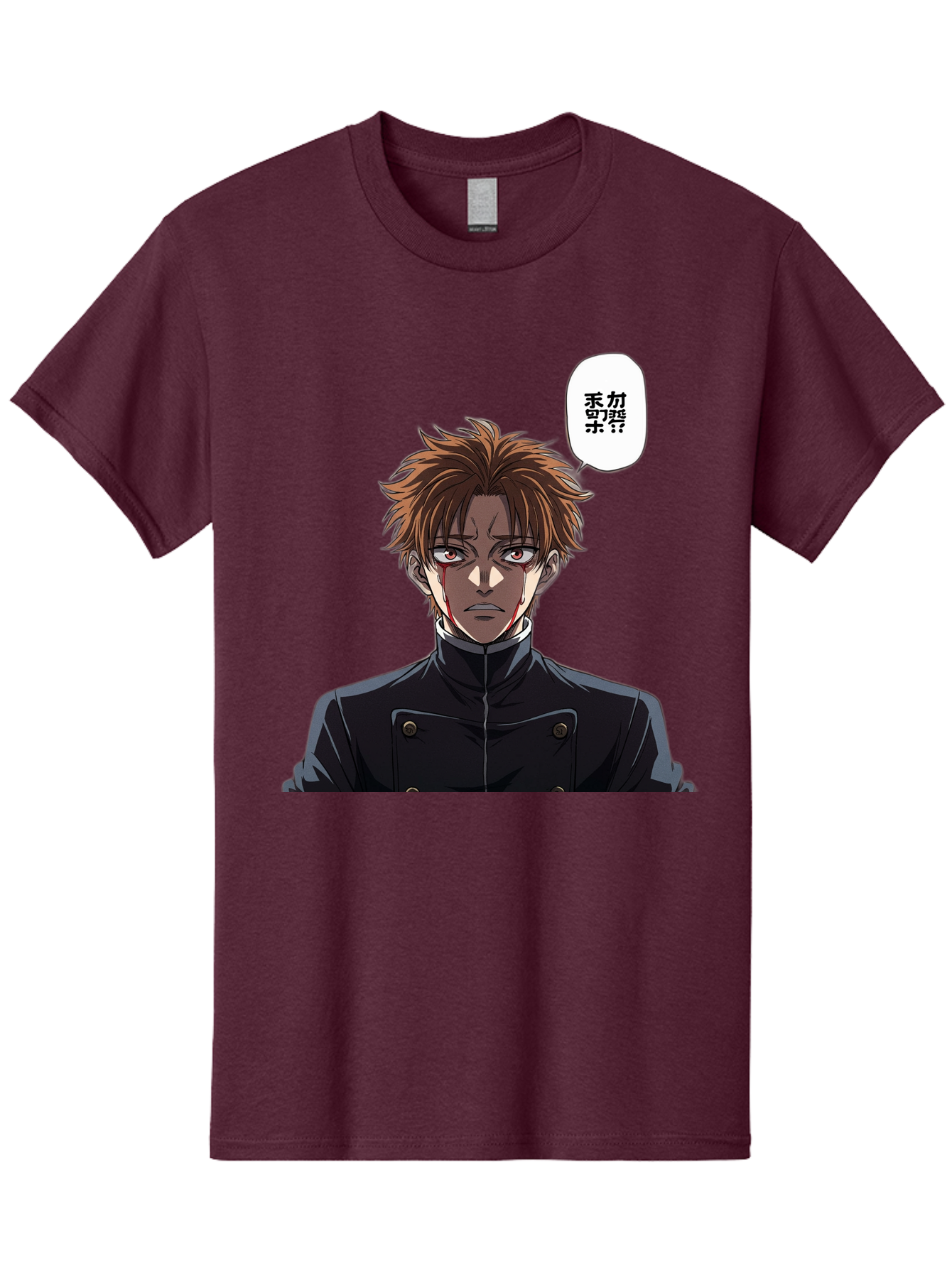 Mysterious-Man Men'S Graphic Tee, 100% Cotton, Comfortable Casual Summer Wear, Machine Washable, Anime Character With Bleeding Face, Mysterious Expression, Unknown Language, Intense Gaze, Chikage, Manga Style, Japanese Text, Black Jacket, Bac193