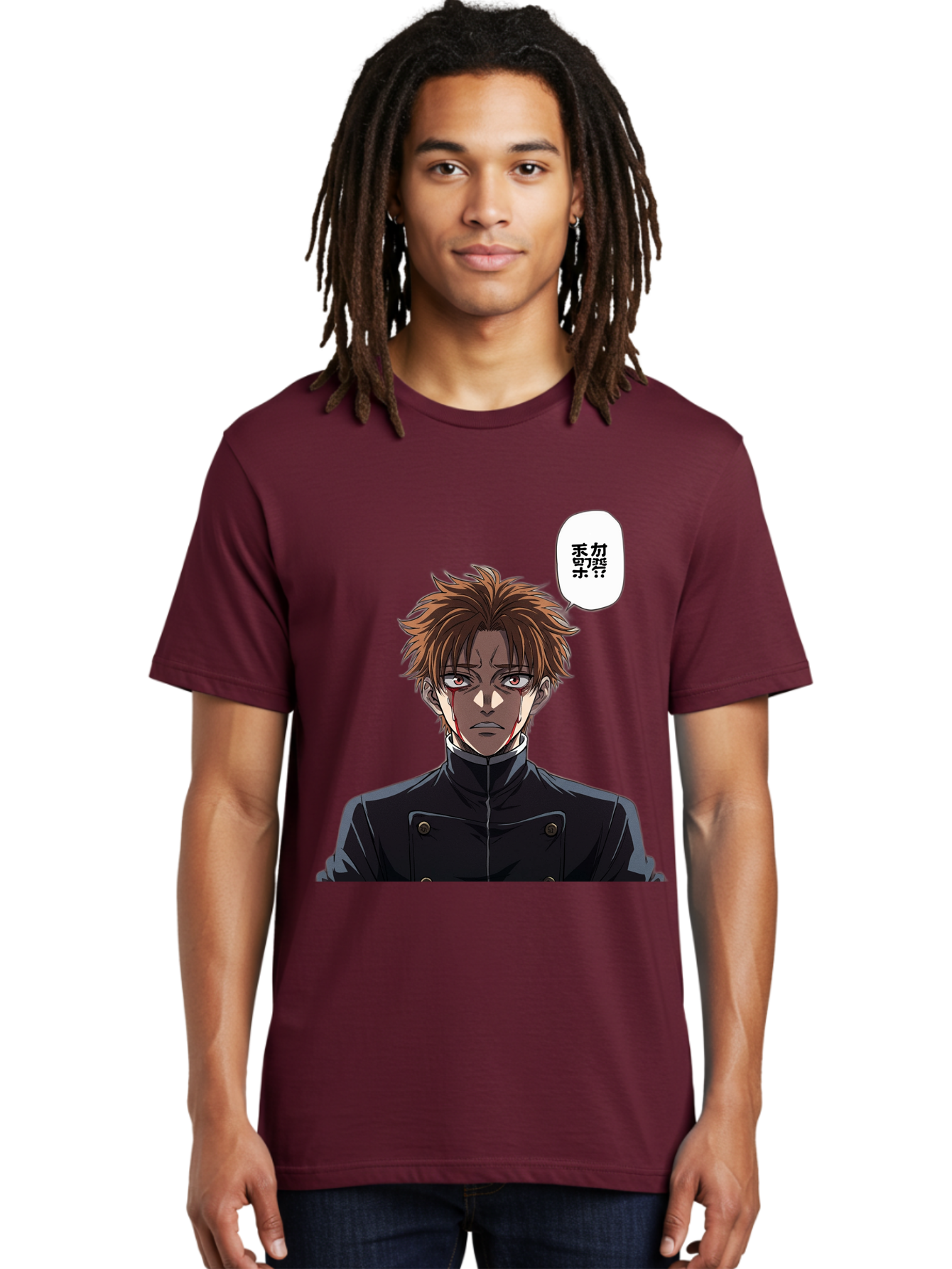 Mysterious-Man Men'S Graphic Tee, 100% Cotton, Comfortable Casual Summer Wear, Machine Washable, Anime Character With Bleeding Face, Mysterious Expression, Unknown Language, Intense Gaze, Chikage, Manga Style, Japanese Text, Black Jacket, Bac193