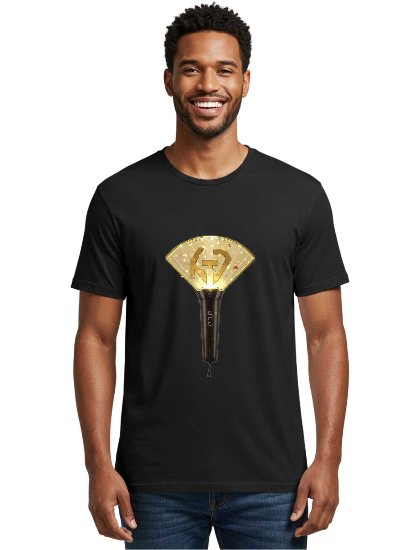 Nct-Lightstick Men'S Graphic Tee, 100% Cotton, Comfortable Casual Summer Wear, Machine Washable, K-Pop Merchandise, Nct Lightstick, Fan Light, Concert Accessory, Novelty Item, Collectible, Black Handle, Lit Top, Gold Logo, Fan Club Gear Bac194