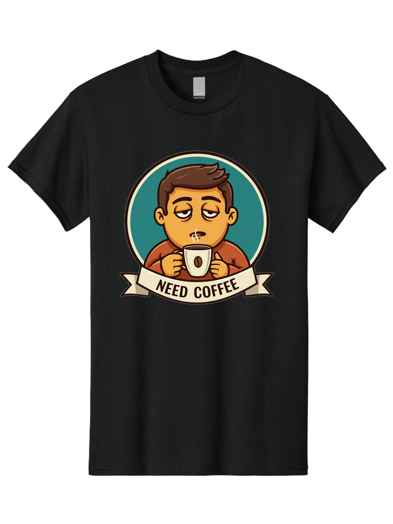 Need-Coffee Men'S Graphic Tee, 100% Cotton, Comfortable Casual Summer Wear, Machine Washable, Tired Cartoon Character, Coffee Lover, Morning Pick-Me-Up, Caffeine Fix, Funny Illustration, Coffee Addiction, Coffee Culture Bac195