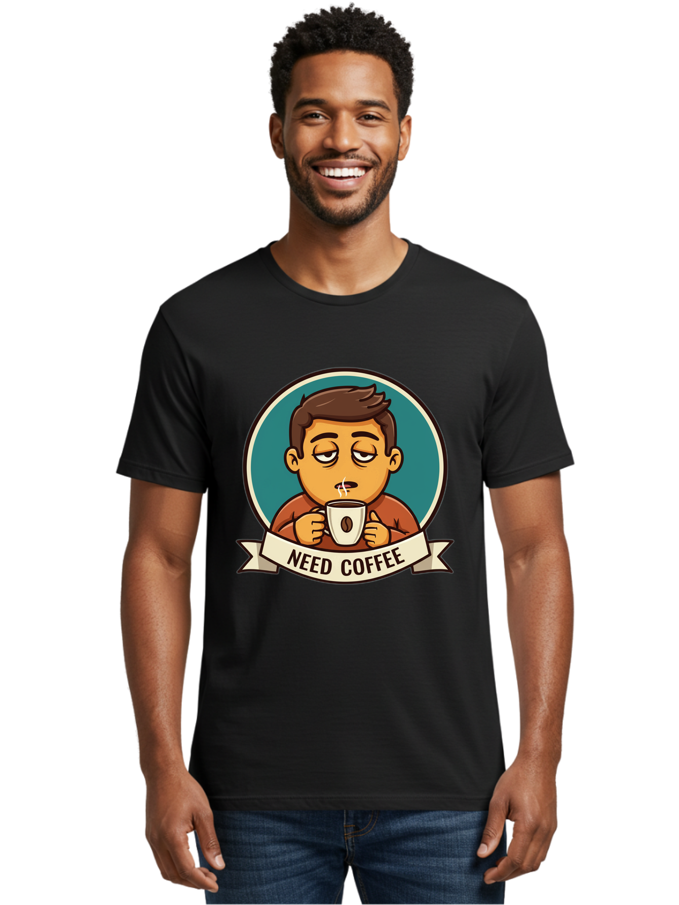Need-Coffee Men'S Graphic Tee, 100% Cotton, Comfortable Casual Summer Wear, Machine Washable, Tired Cartoon Character, Coffee Lover, Morning Pick-Me-Up, Caffeine Fix, Funny Illustration, Coffee Addiction, Coffee Culture Bac195