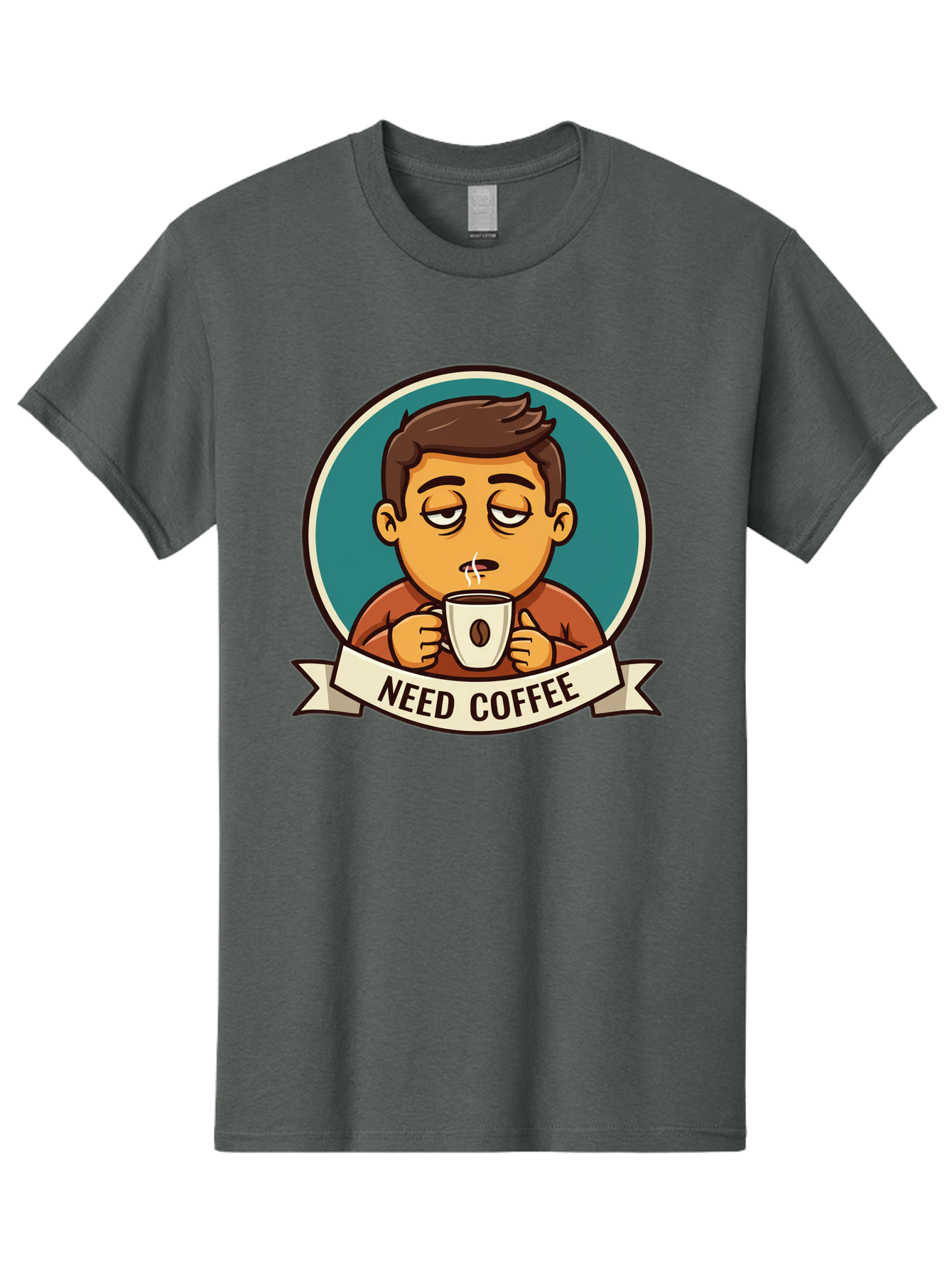 Need-Coffee Men'S Graphic Tee, 100% Cotton, Comfortable Casual Summer Wear, Machine Washable, Tired Cartoon Character, Coffee Lover, Morning Pick-Me-Up, Caffeine Fix, Funny Illustration, Coffee Addiction, Coffee Culture Bac195