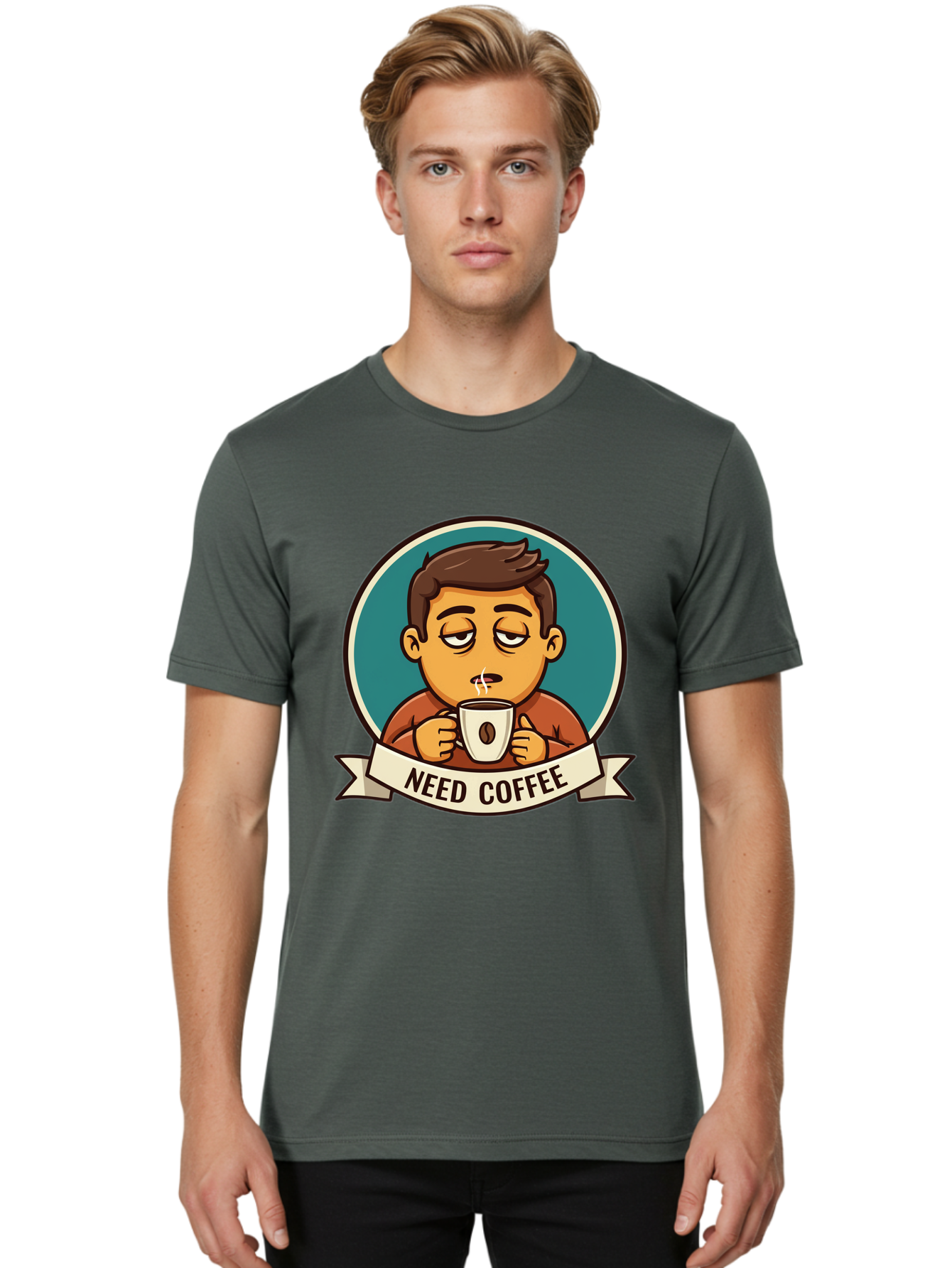 Need-Coffee Men'S Graphic Tee, 100% Cotton, Comfortable Casual Summer Wear, Machine Washable, Tired Cartoon Character, Coffee Lover, Morning Pick-Me-Up, Caffeine Fix, Funny Illustration, Coffee Addiction, Coffee Culture Bac195