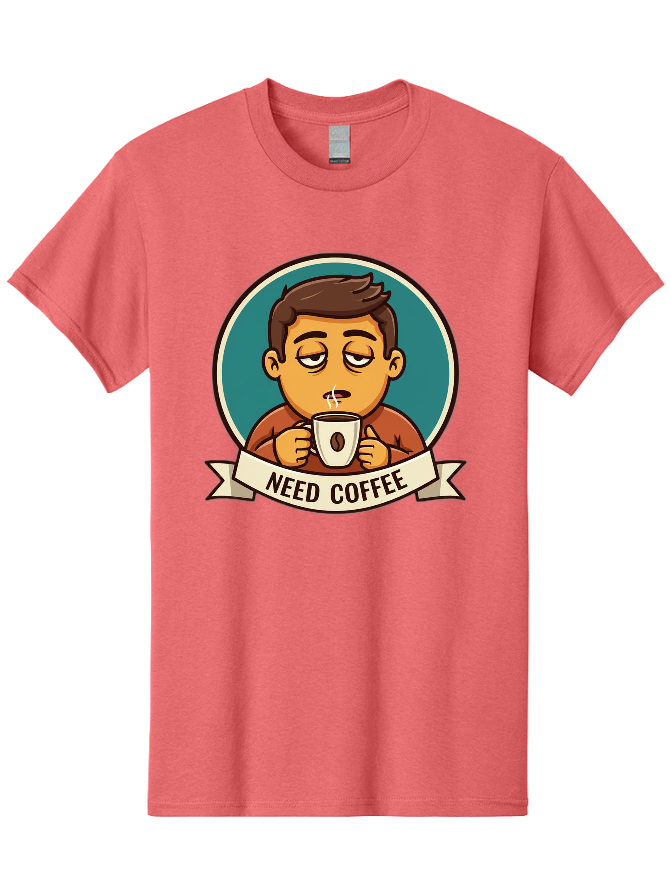 Need-Coffee Men'S Graphic Tee, 100% Cotton, Comfortable Casual Summer Wear, Machine Washable, Tired Cartoon Character, Coffee Lover, Morning Pick-Me-Up, Caffeine Fix, Funny Illustration, Coffee Addiction, Coffee Culture Bac195
