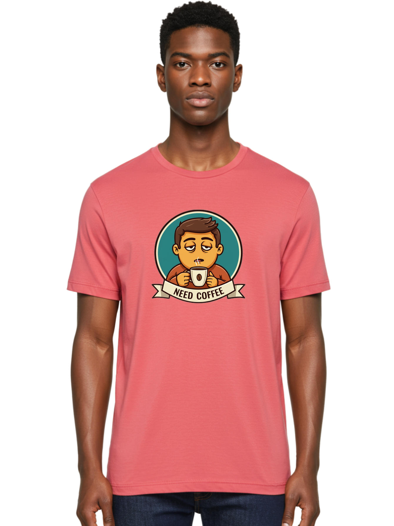 Need-Coffee Men'S Graphic Tee, 100% Cotton, Comfortable Casual Summer Wear, Machine Washable, Tired Cartoon Character, Coffee Lover, Morning Pick-Me-Up, Caffeine Fix, Funny Illustration, Coffee Addiction, Coffee Culture Bac195