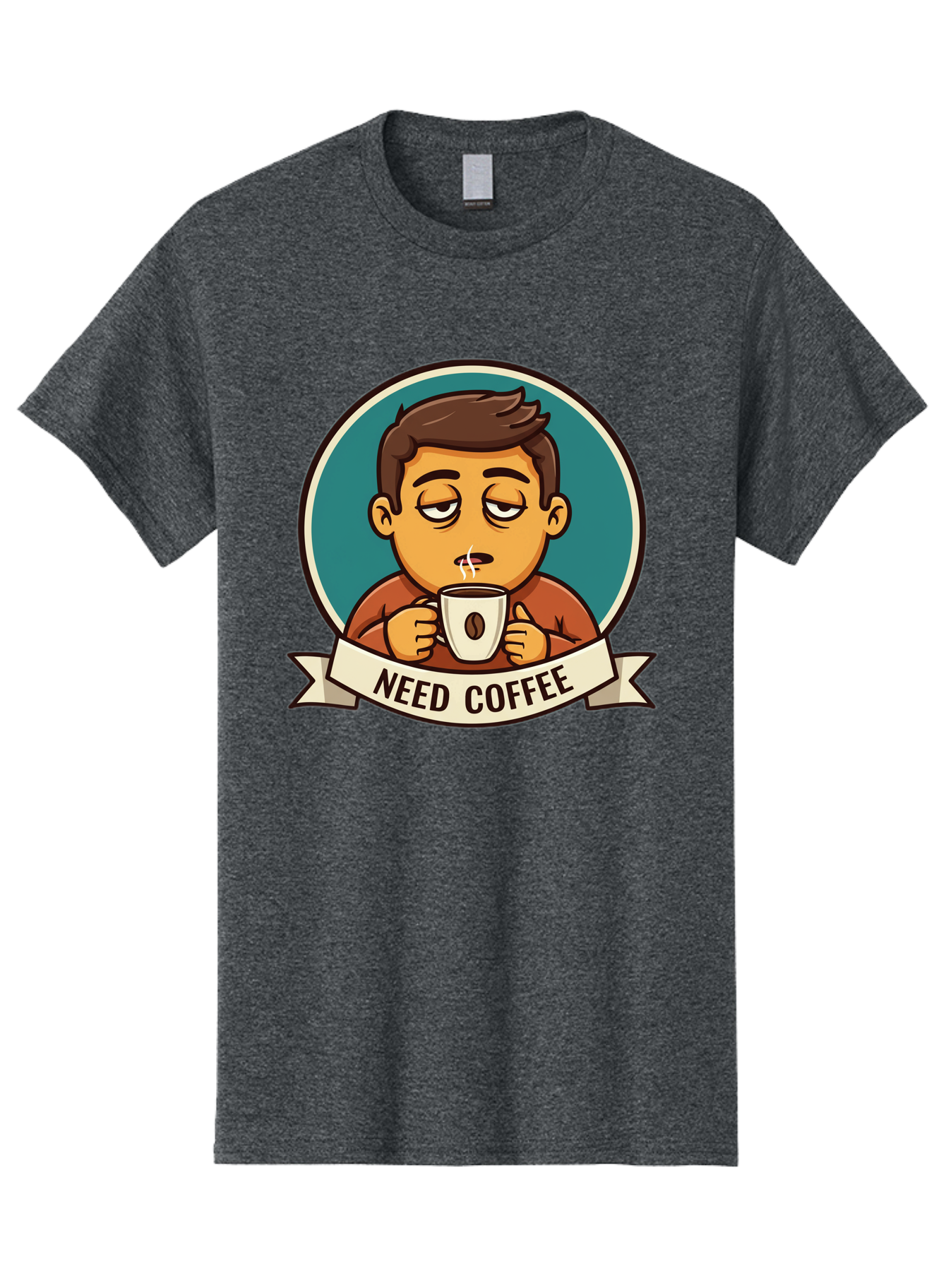Need-Coffee Men'S Graphic Tee, 100% Cotton, Comfortable Casual Summer Wear, Machine Washable, Tired Cartoon Character, Coffee Lover, Morning Pick-Me-Up, Caffeine Fix, Funny Illustration, Coffee Addiction, Coffee Culture Bac195