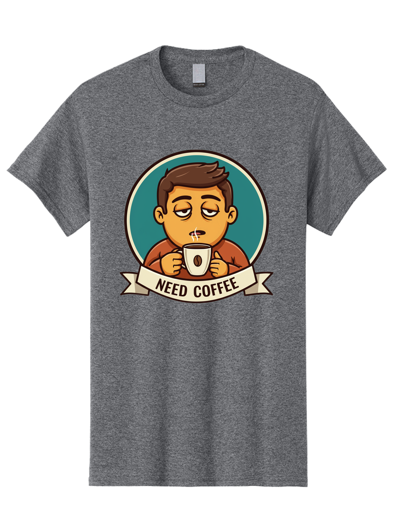 Need-Coffee Men'S Graphic Tee, 100% Cotton, Comfortable Casual Summer Wear, Machine Washable, Tired Cartoon Character, Coffee Lover, Morning Pick-Me-Up, Caffeine Fix, Funny Illustration, Coffee Addiction, Coffee Culture Bac195