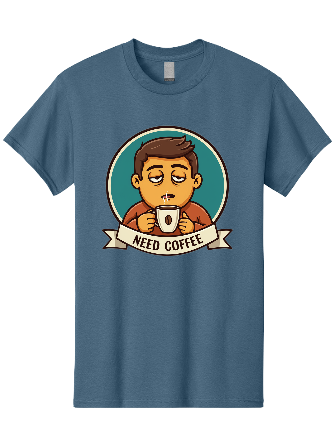 Need-Coffee Men'S Graphic Tee, 100% Cotton, Comfortable Casual Summer Wear, Machine Washable, Tired Cartoon Character, Coffee Lover, Morning Pick-Me-Up, Caffeine Fix, Funny Illustration, Coffee Addiction, Coffee Culture Bac195