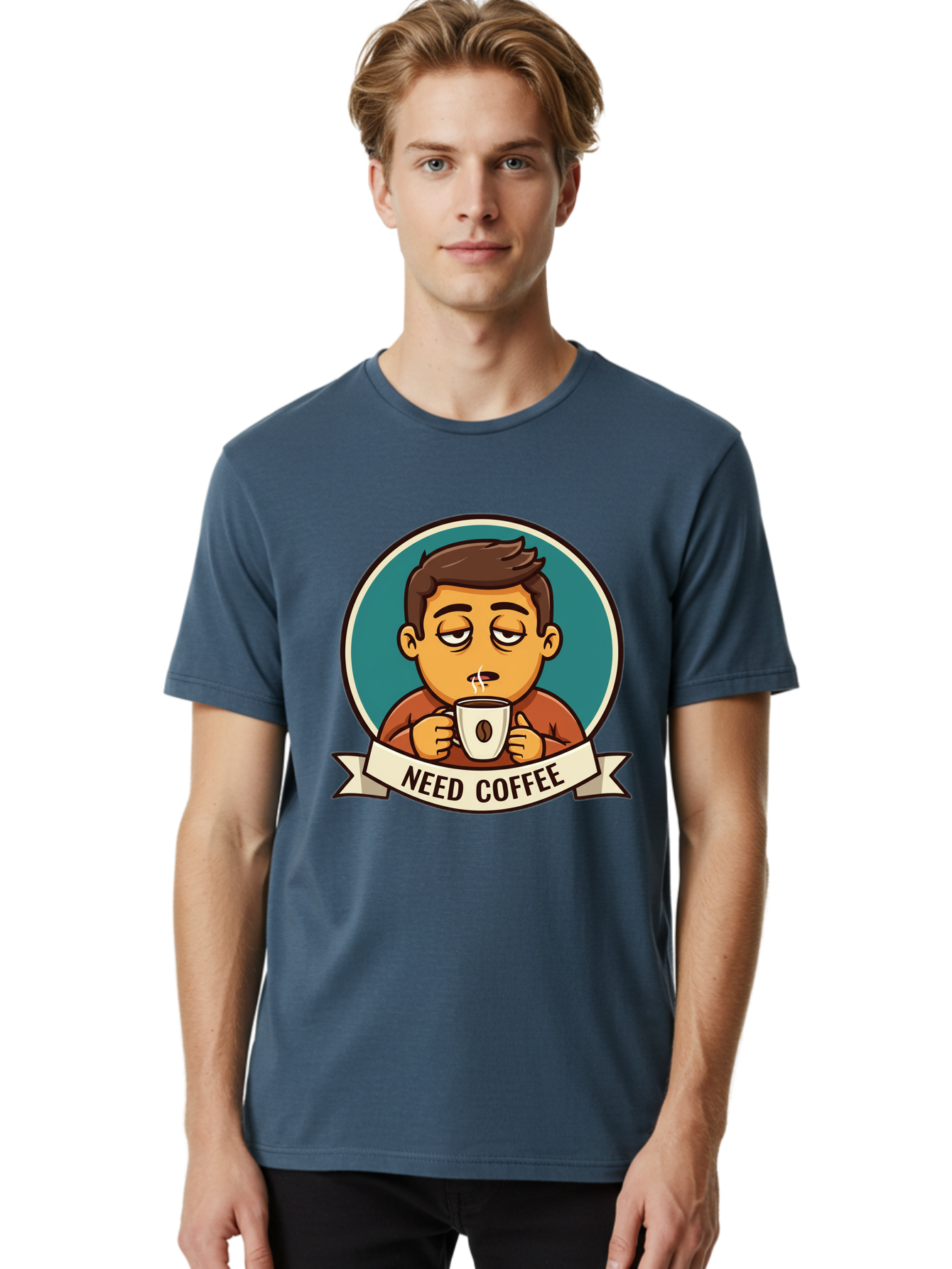 Need-Coffee Men'S Graphic Tee, 100% Cotton, Comfortable Casual Summer Wear, Machine Washable, Tired Cartoon Character, Coffee Lover, Morning Pick-Me-Up, Caffeine Fix, Funny Illustration, Coffee Addiction, Coffee Culture Bac195