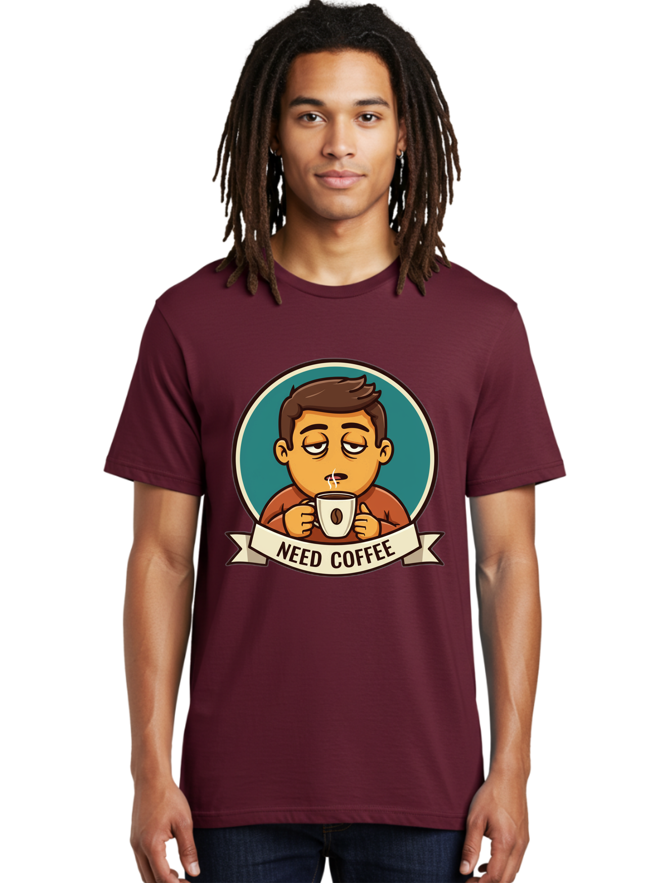 Need-Coffee Men'S Graphic Tee, 100% Cotton, Comfortable Casual Summer Wear, Machine Washable, Tired Cartoon Character, Coffee Lover, Morning Pick-Me-Up, Caffeine Fix, Funny Illustration, Coffee Addiction, Coffee Culture Bac195
