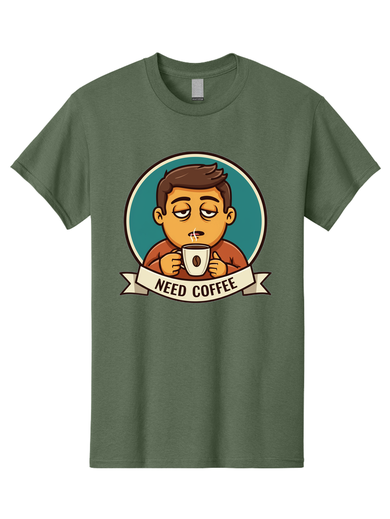 Need-Coffee Men'S Graphic Tee, 100% Cotton, Comfortable Casual Summer Wear, Machine Washable, Tired Cartoon Character, Coffee Lover, Morning Pick-Me-Up, Caffeine Fix, Funny Illustration, Coffee Addiction, Coffee Culture Bac195