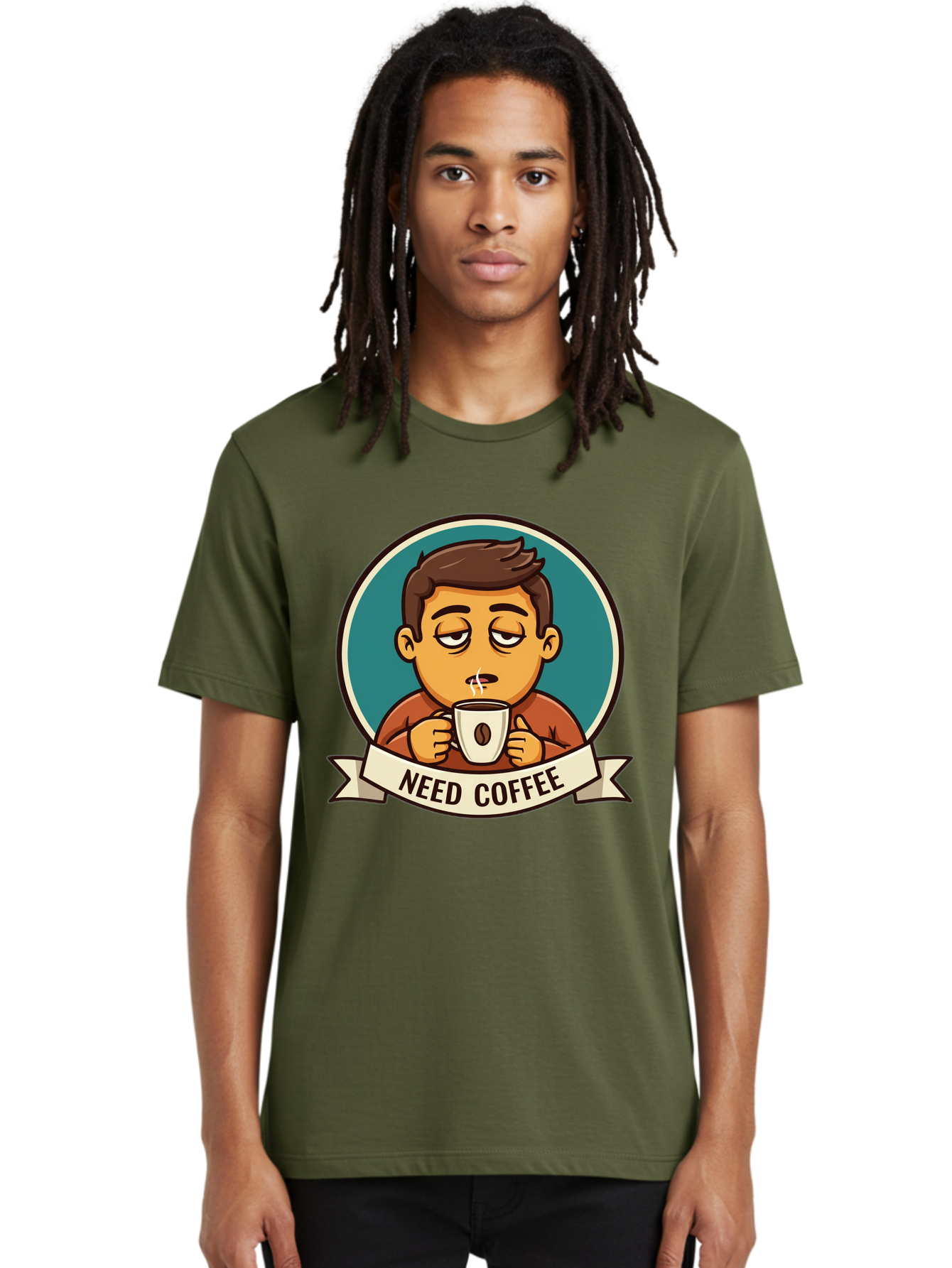 Need-Coffee Men'S Graphic Tee, 100% Cotton, Comfortable Casual Summer Wear, Machine Washable, Tired Cartoon Character, Coffee Lover, Morning Pick-Me-Up, Caffeine Fix, Funny Illustration, Coffee Addiction, Coffee Culture Bac195