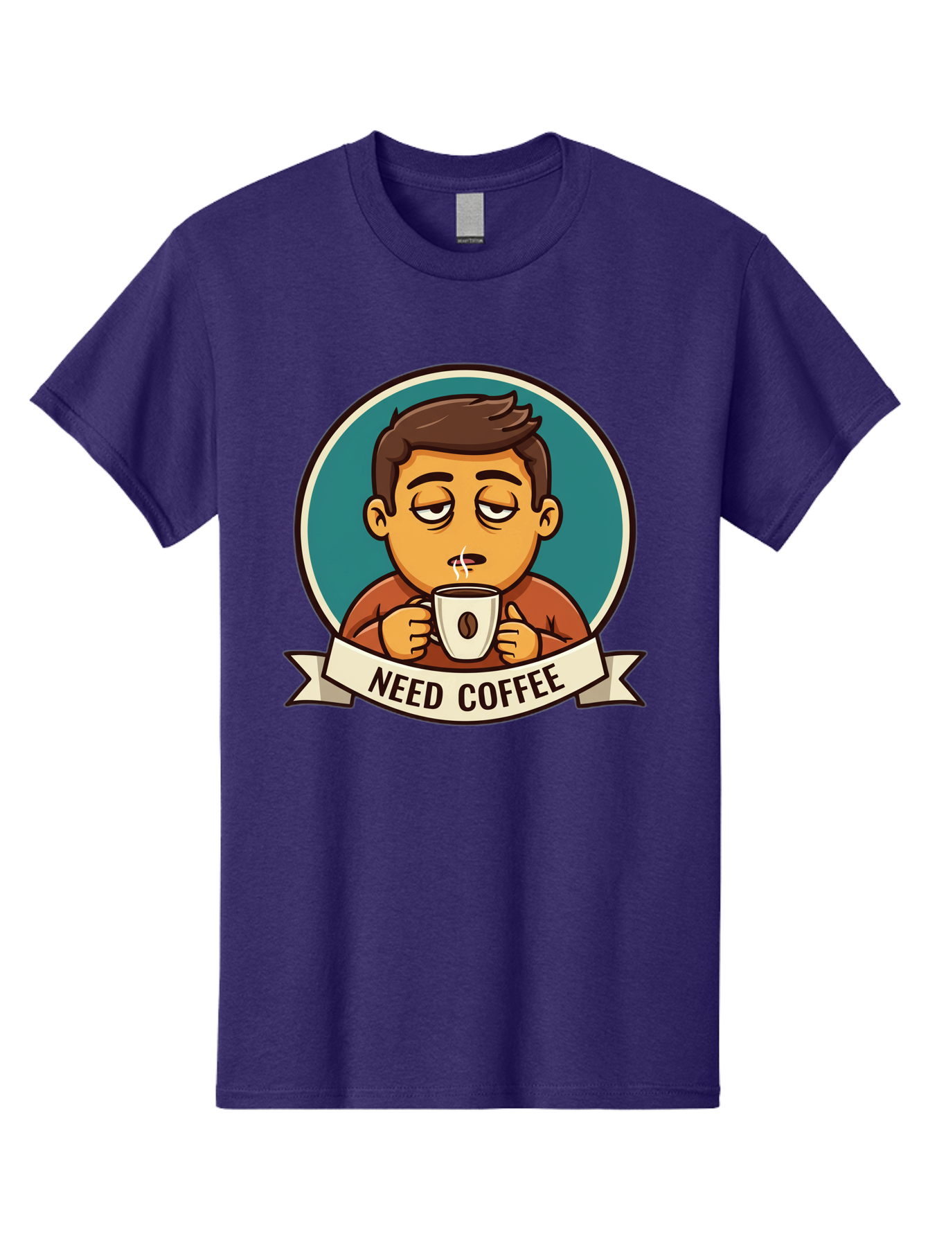 Need-Coffee Men'S Graphic Tee, 100% Cotton, Comfortable Casual Summer Wear, Machine Washable, Tired Cartoon Character, Coffee Lover, Morning Pick-Me-Up, Caffeine Fix, Funny Illustration, Coffee Addiction, Coffee Culture Bac195