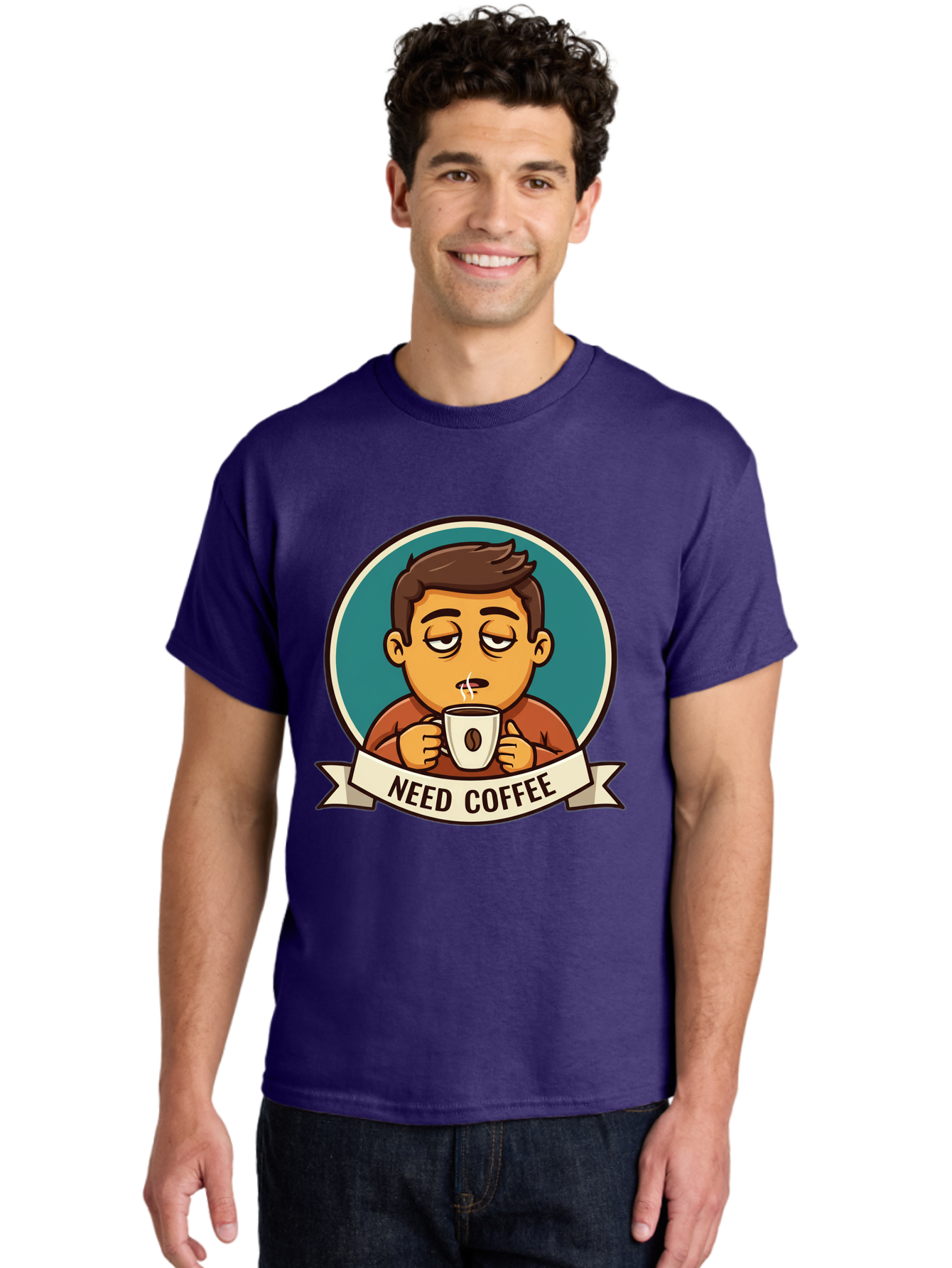 Need-Coffee Men'S Graphic Tee, 100% Cotton, Comfortable Casual Summer Wear, Machine Washable, Tired Cartoon Character, Coffee Lover, Morning Pick-Me-Up, Caffeine Fix, Funny Illustration, Coffee Addiction, Coffee Culture Bac195