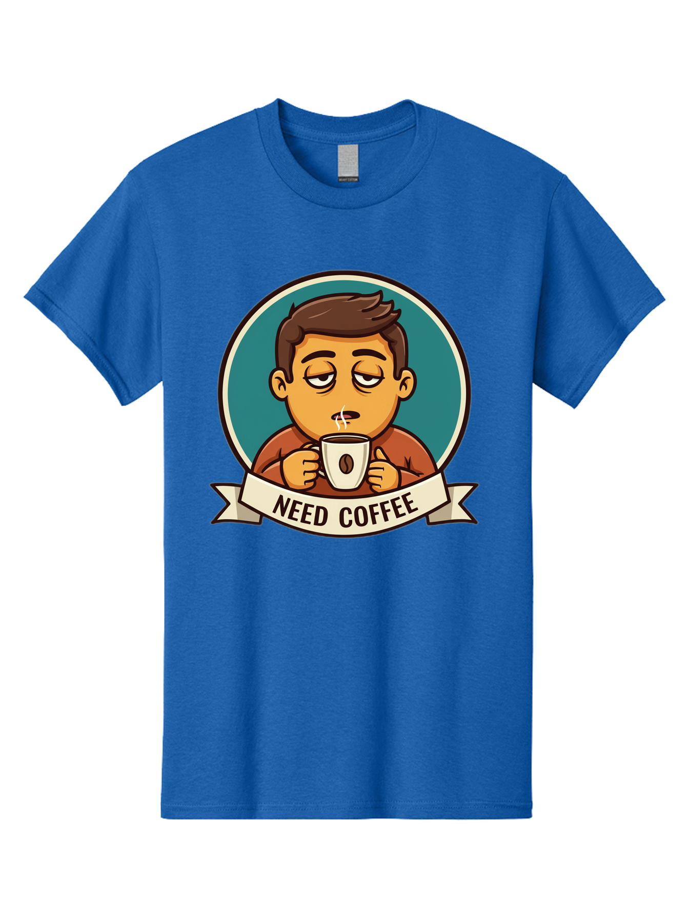 Need-Coffee Men'S Graphic Tee, 100% Cotton, Comfortable Casual Summer Wear, Machine Washable, Tired Cartoon Character, Coffee Lover, Morning Pick-Me-Up, Caffeine Fix, Funny Illustration, Coffee Addiction, Coffee Culture Bac195
