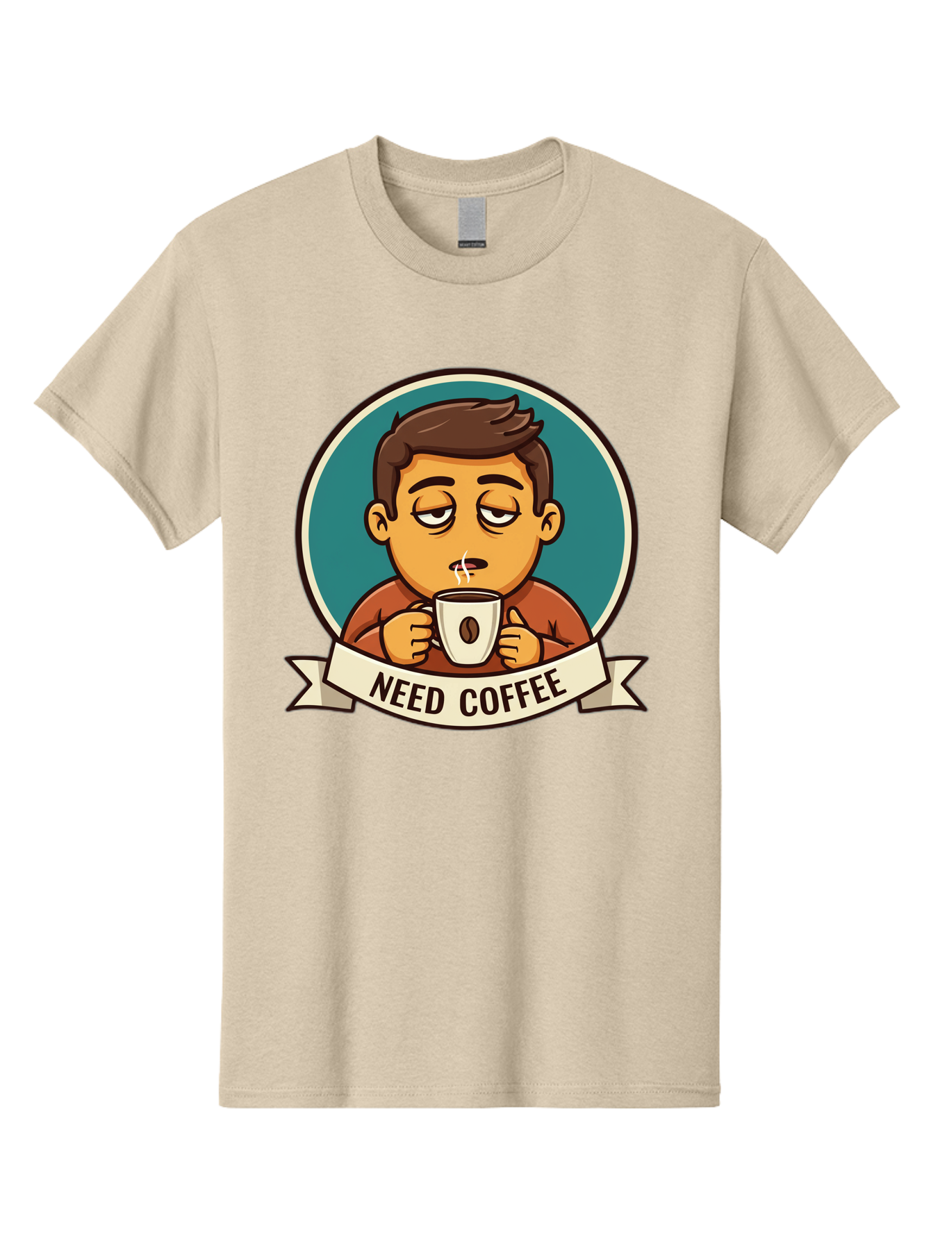 Need-Coffee Men'S Graphic Tee, 100% Cotton, Comfortable Casual Summer Wear, Machine Washable, Tired Cartoon Character, Coffee Lover, Morning Pick-Me-Up, Caffeine Fix, Funny Illustration, Coffee Addiction, Coffee Culture Bac195