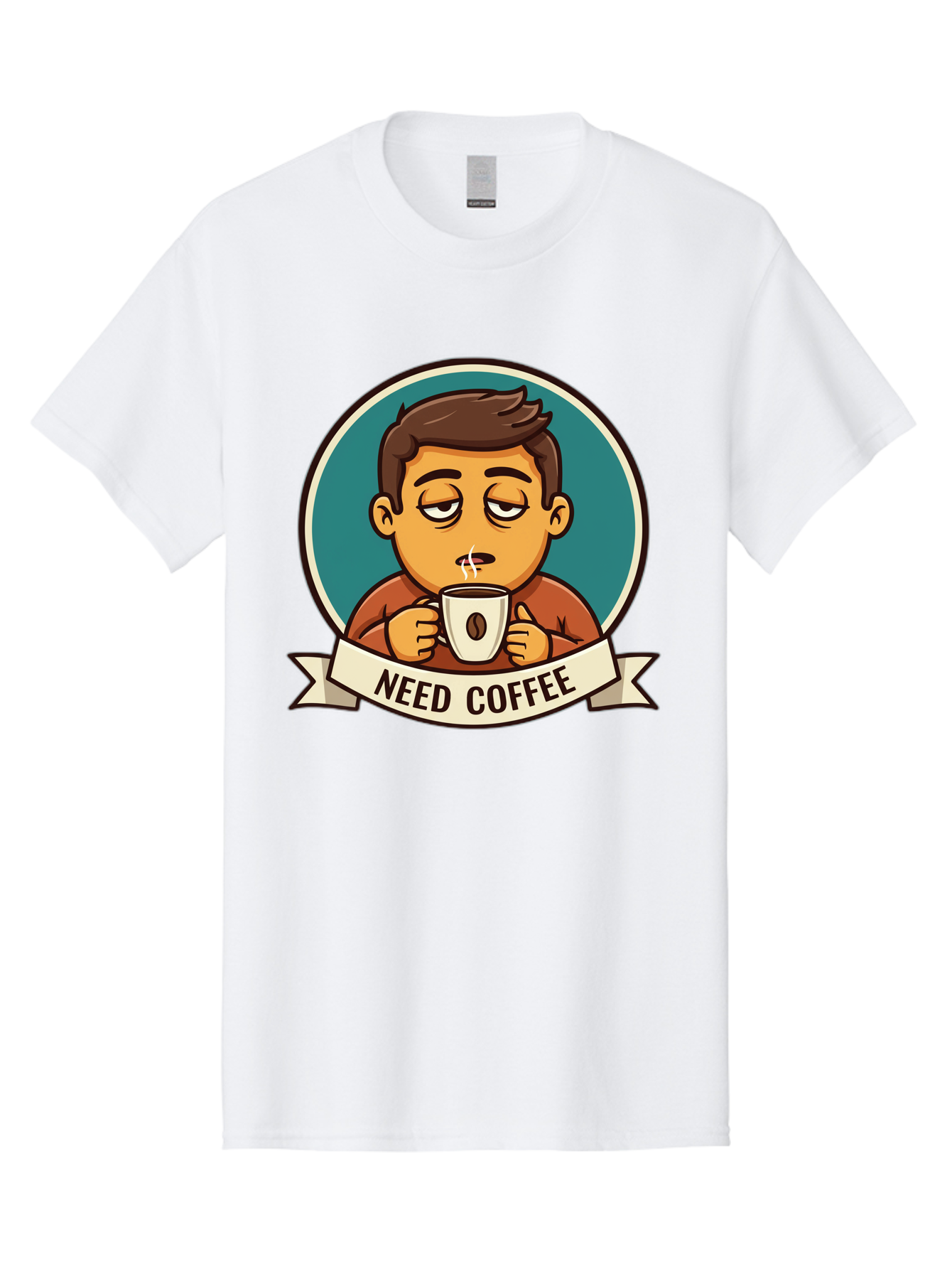 Need-Coffee Men'S Graphic Tee, 100% Cotton, Comfortable Casual Summer Wear, Machine Washable, Tired Cartoon Character, Coffee Lover, Morning Pick-Me-Up, Caffeine Fix, Funny Illustration, Coffee Addiction, Coffee Culture Bac195
