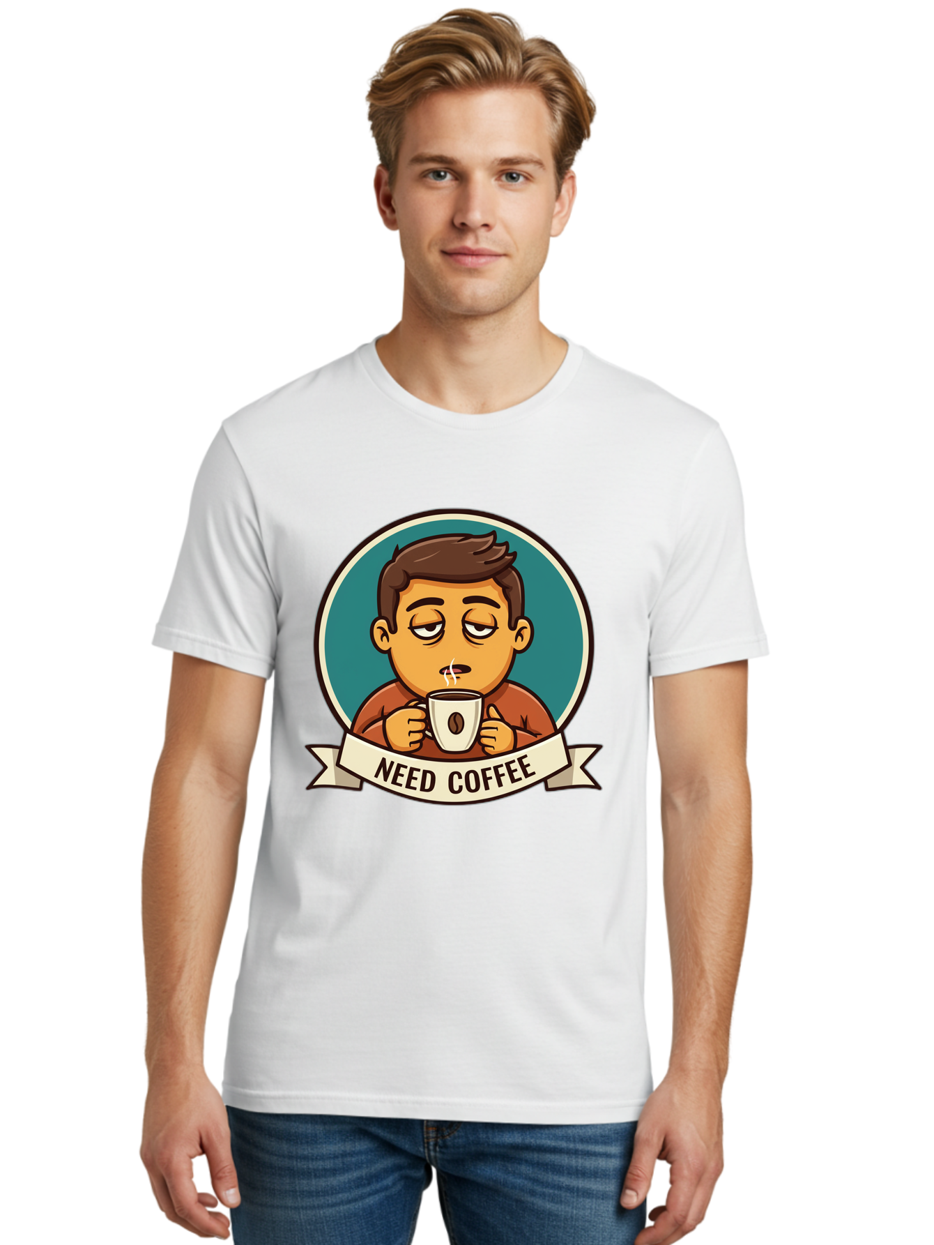 Need-Coffee Men'S Graphic Tee, 100% Cotton, Comfortable Casual Summer Wear, Machine Washable, Tired Cartoon Character, Coffee Lover, Morning Pick-Me-Up, Caffeine Fix, Funny Illustration, Coffee Addiction, Coffee Culture Bac195