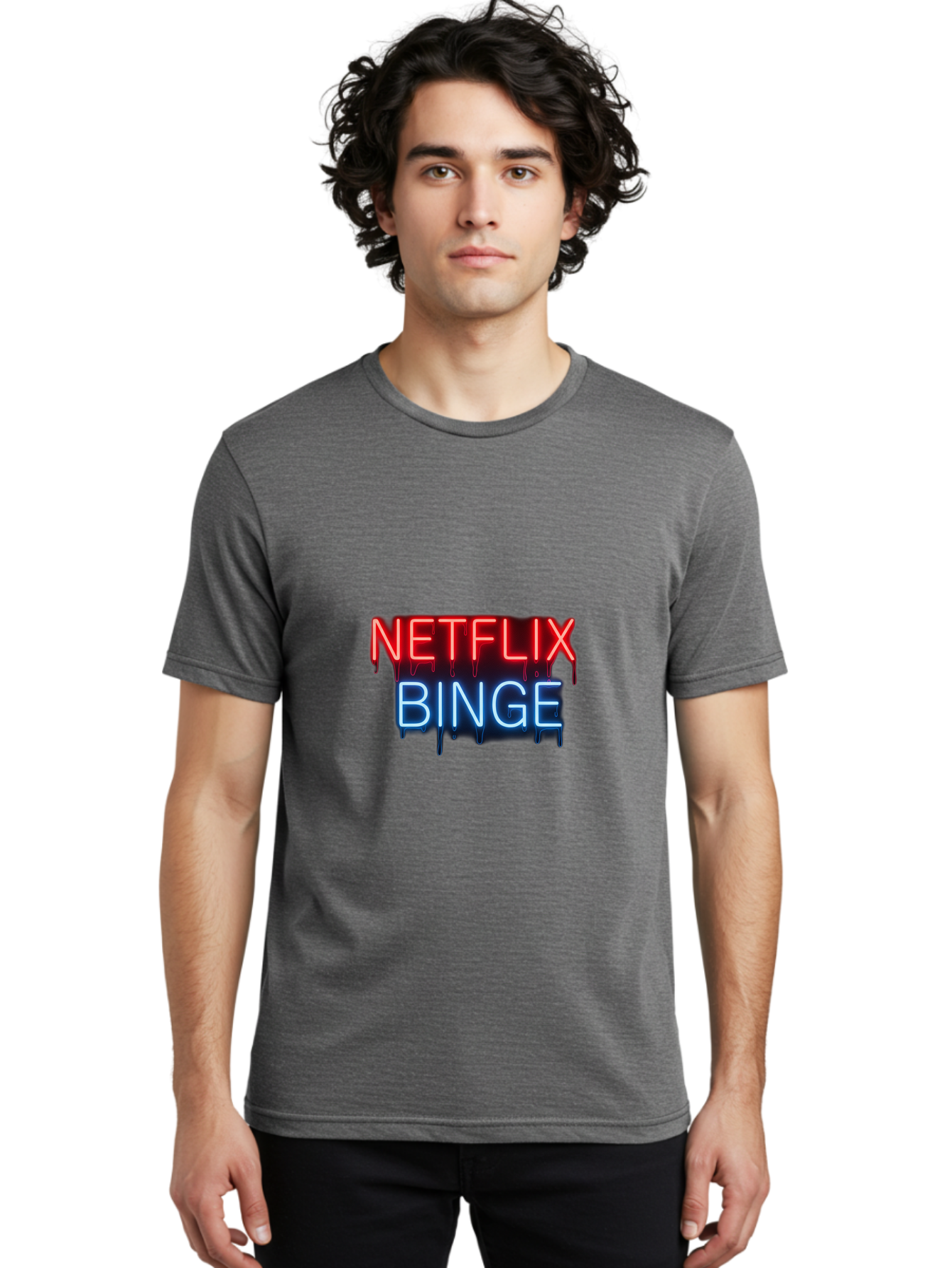Netflix-Binge Men'S Graphic Tee, 100% Cotton, Comfortable Casual Summer Wear, Machine Washable, Netflix, Binge-Watching, Streaming Service, Neon Sign, Red And Blue Text, Tv Shows, Online Entertainment, Popular Culture, Dript Effect, Bac196