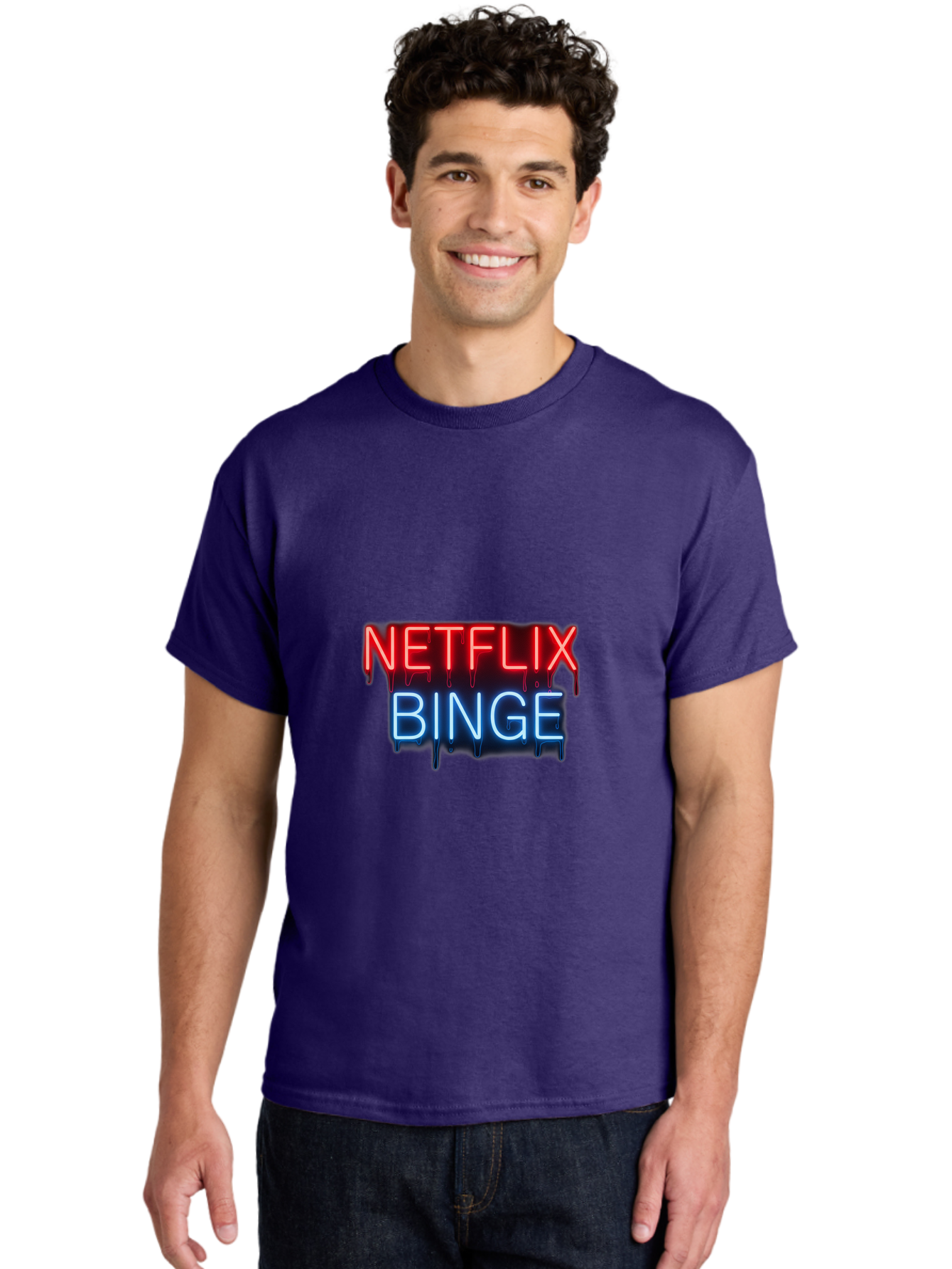 Netflix-Binge Men'S Graphic Tee, 100% Cotton, Comfortable Casual Summer Wear, Machine Washable, Netflix, Binge-Watching, Streaming Service, Neon Sign, Red And Blue Text, Tv Shows, Online Entertainment, Popular Culture, Dript Effect, Bac196