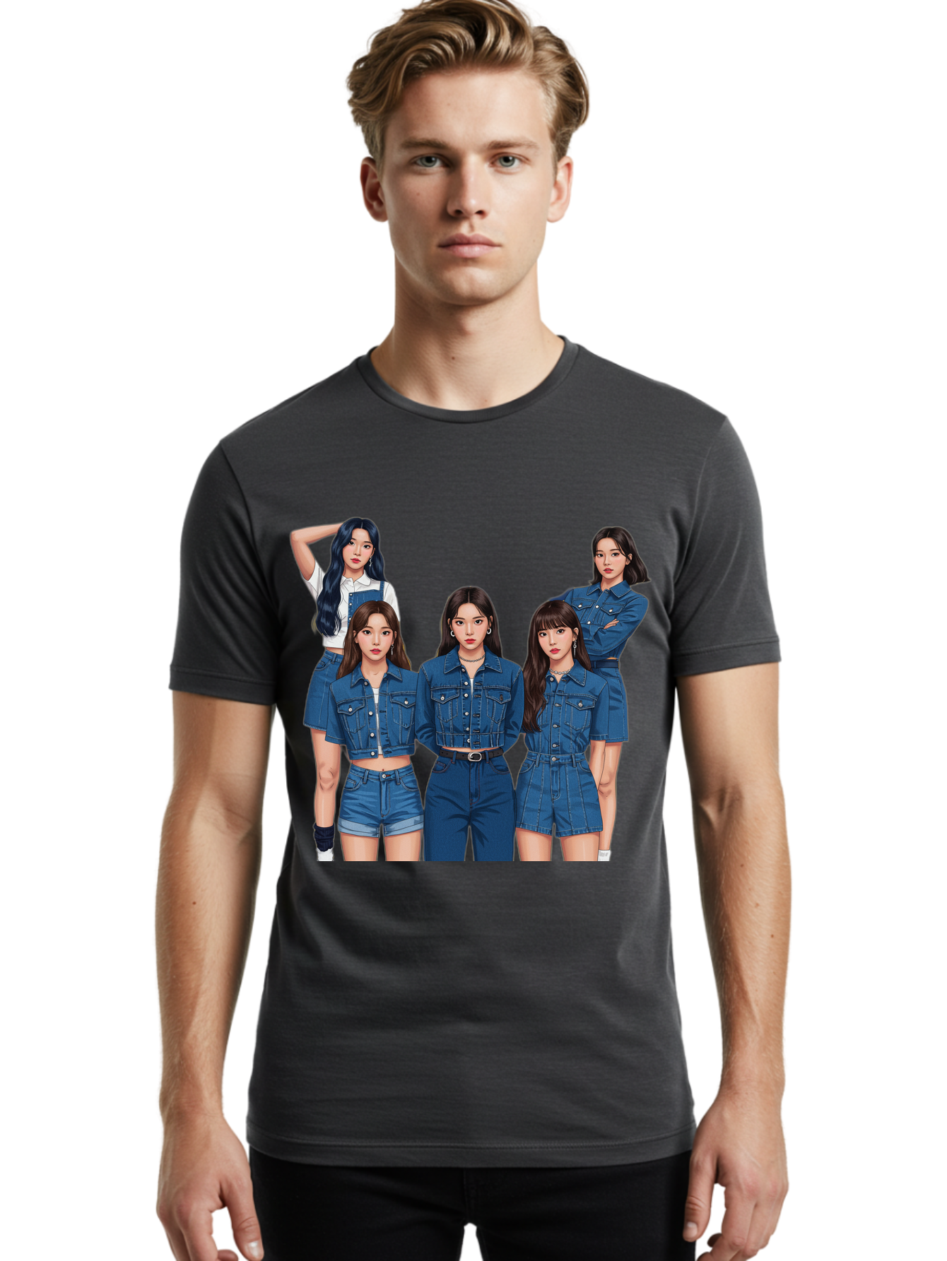 Newjeans-Group-Shot Men'S Graphic Tee, 100% Cotton, Comfortable Casual Summer Wear, Machine Washable, Newjeans K-Pop Group, Five Members, Denim Outfits, Casual Style, Fashion Icons, Group Portrait, K-Pop Fashion, Trendy Clothing, Long Hair, Bac197
