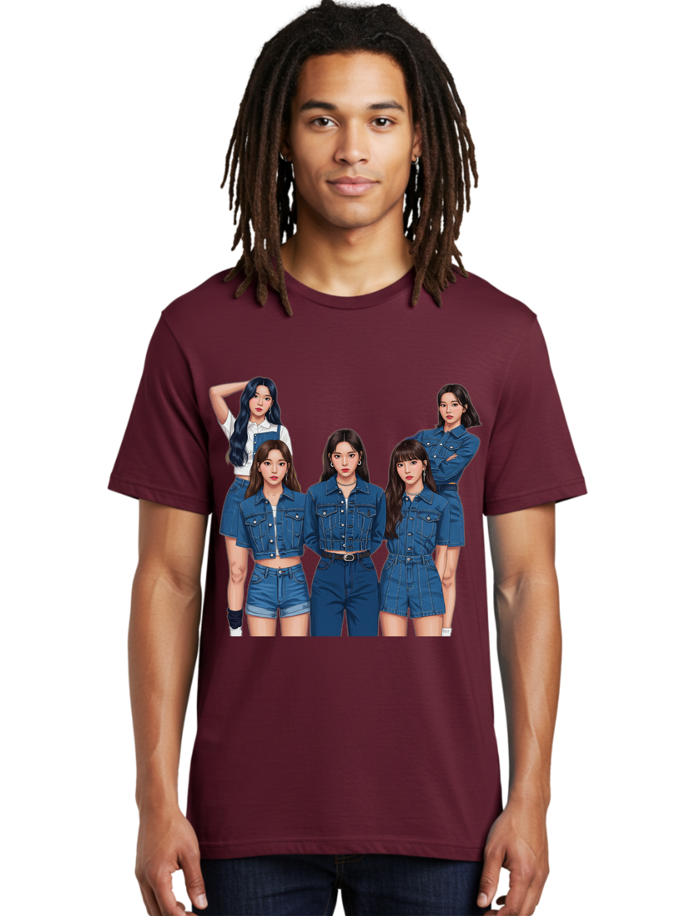 Newjeans-Group-Shot Men'S Graphic Tee, 100% Cotton, Comfortable Casual Summer Wear, Machine Washable, Newjeans K-Pop Group, Five Members, Denim Outfits, Casual Style, Fashion Icons, Group Portrait, K-Pop Fashion, Trendy Clothing, Long Hair, Bac197