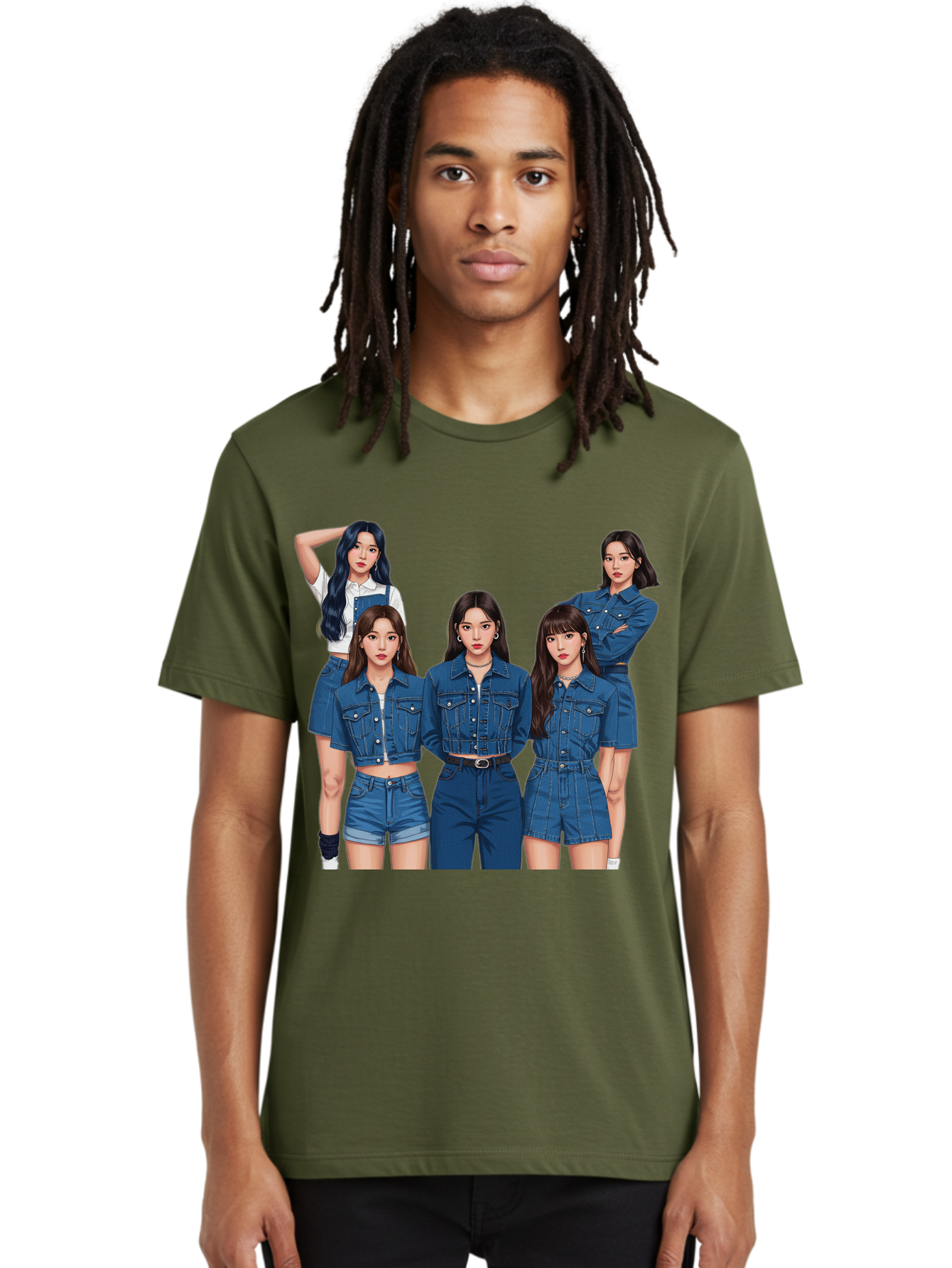 Newjeans-Group-Shot Men'S Graphic Tee, 100% Cotton, Comfortable Casual Summer Wear, Machine Washable, Newjeans K-Pop Group, Five Members, Denim Outfits, Casual Style, Fashion Icons, Group Portrait, K-Pop Fashion, Trendy Clothing, Long Hair, Bac197