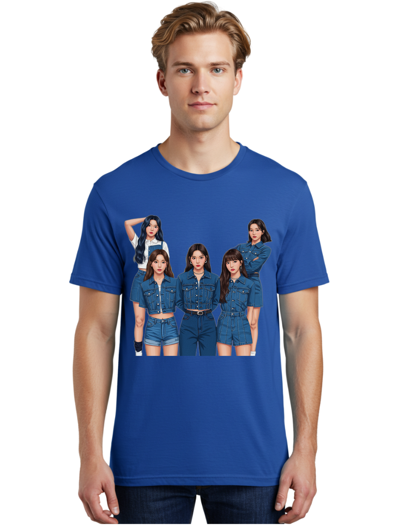 Newjeans-Group-Shot Men'S Graphic Tee, 100% Cotton, Comfortable Casual Summer Wear, Machine Washable, Newjeans K-Pop Group, Five Members, Denim Outfits, Casual Style, Fashion Icons, Group Portrait, K-Pop Fashion, Trendy Clothing, Long Hair, Bac197