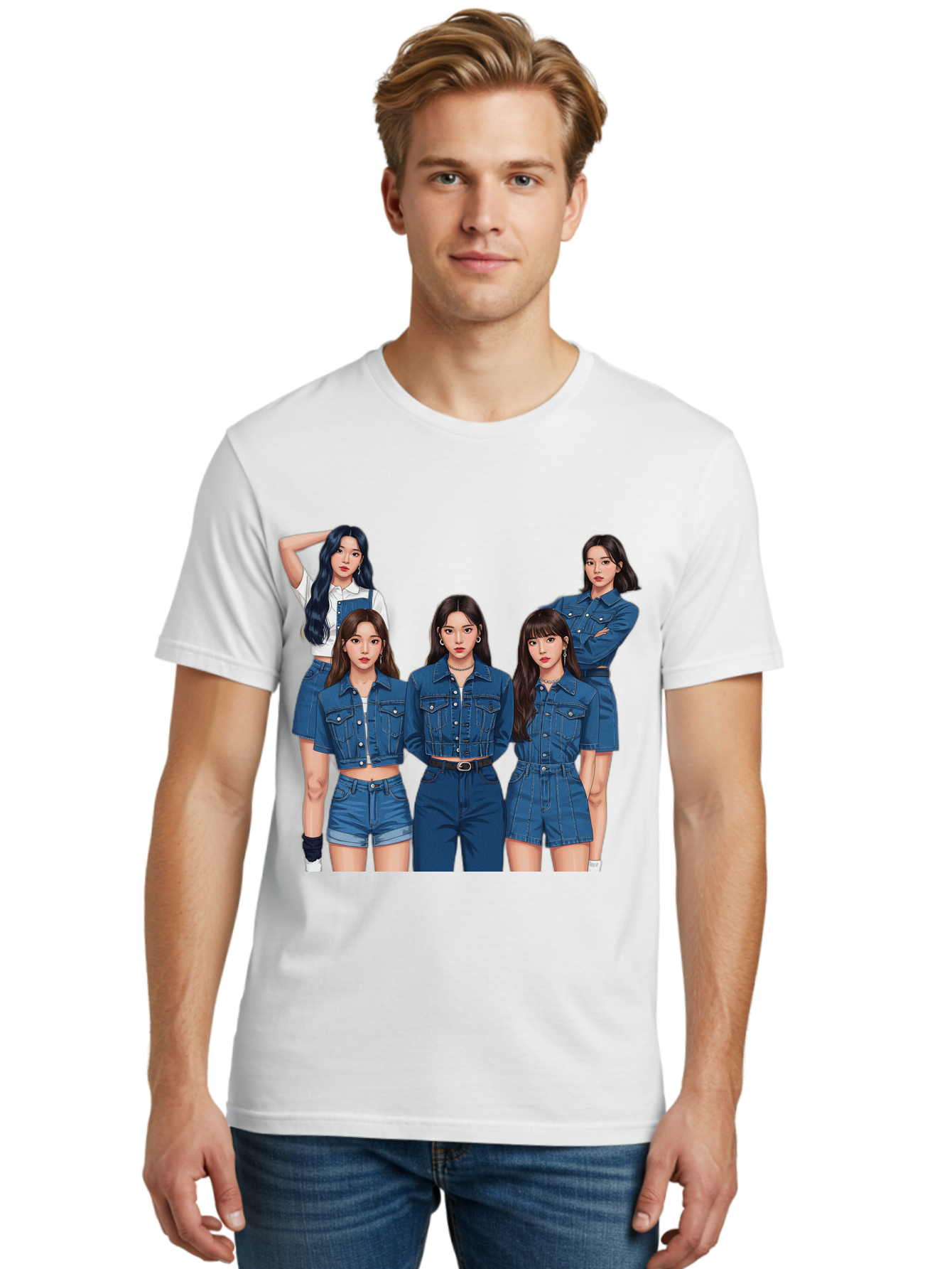 Newjeans-Group-Shot Men'S Graphic Tee, 100% Cotton, Comfortable Casual Summer Wear, Machine Washable, Newjeans K-Pop Group, Five Members, Denim Outfits, Casual Style, Fashion Icons, Group Portrait, K-Pop Fashion, Trendy Clothing, Long Hair, Bac197