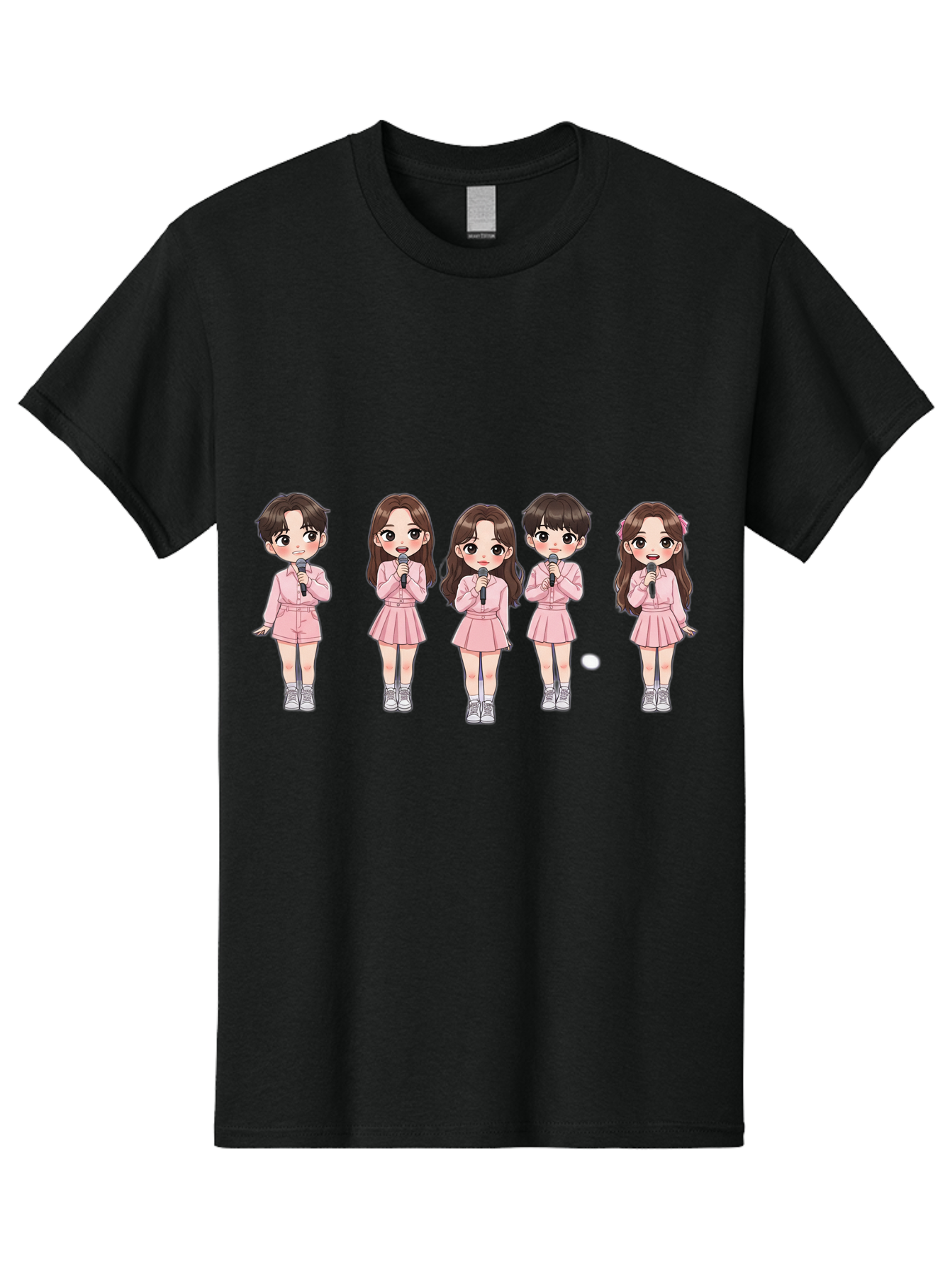 Newjeans Men'S Graphic Tee, 100% Cotton, Comfortable Casual Summer Wear, Machine Washable, Newjeans K-Pop Group, Cartoon Illustration, K-Pop Idols, Pink Outfits, Microphones, K-Pop Fandom, Chibi Style, K-Pop Fashion, Group Portrait Bac198