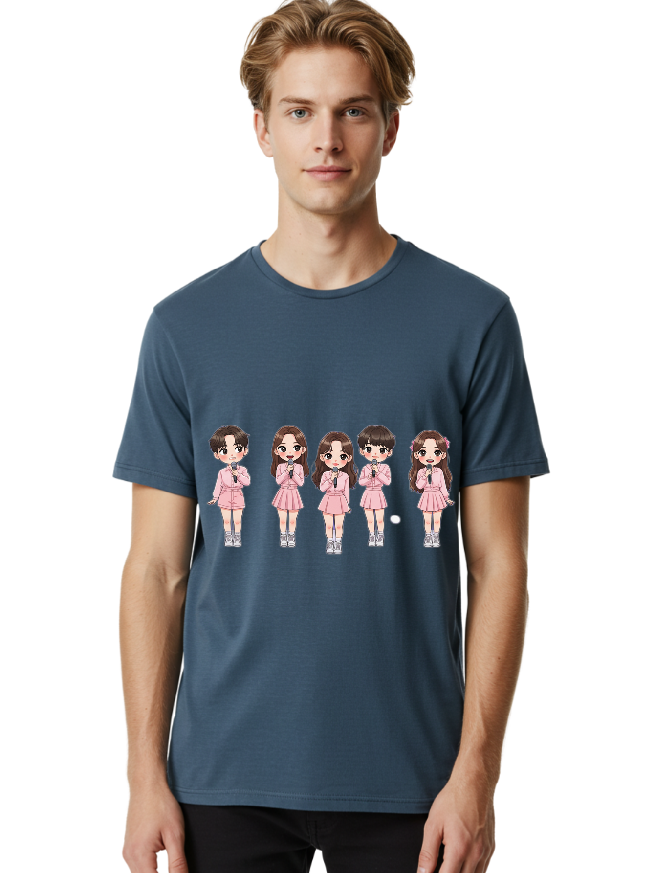 Newjeans Men'S Graphic Tee, 100% Cotton, Comfortable Casual Summer Wear, Machine Washable, Newjeans K-Pop Group, Cartoon Illustration, K-Pop Idols, Pink Outfits, Microphones, K-Pop Fandom, Chibi Style, K-Pop Fashion, Group Portrait Bac198