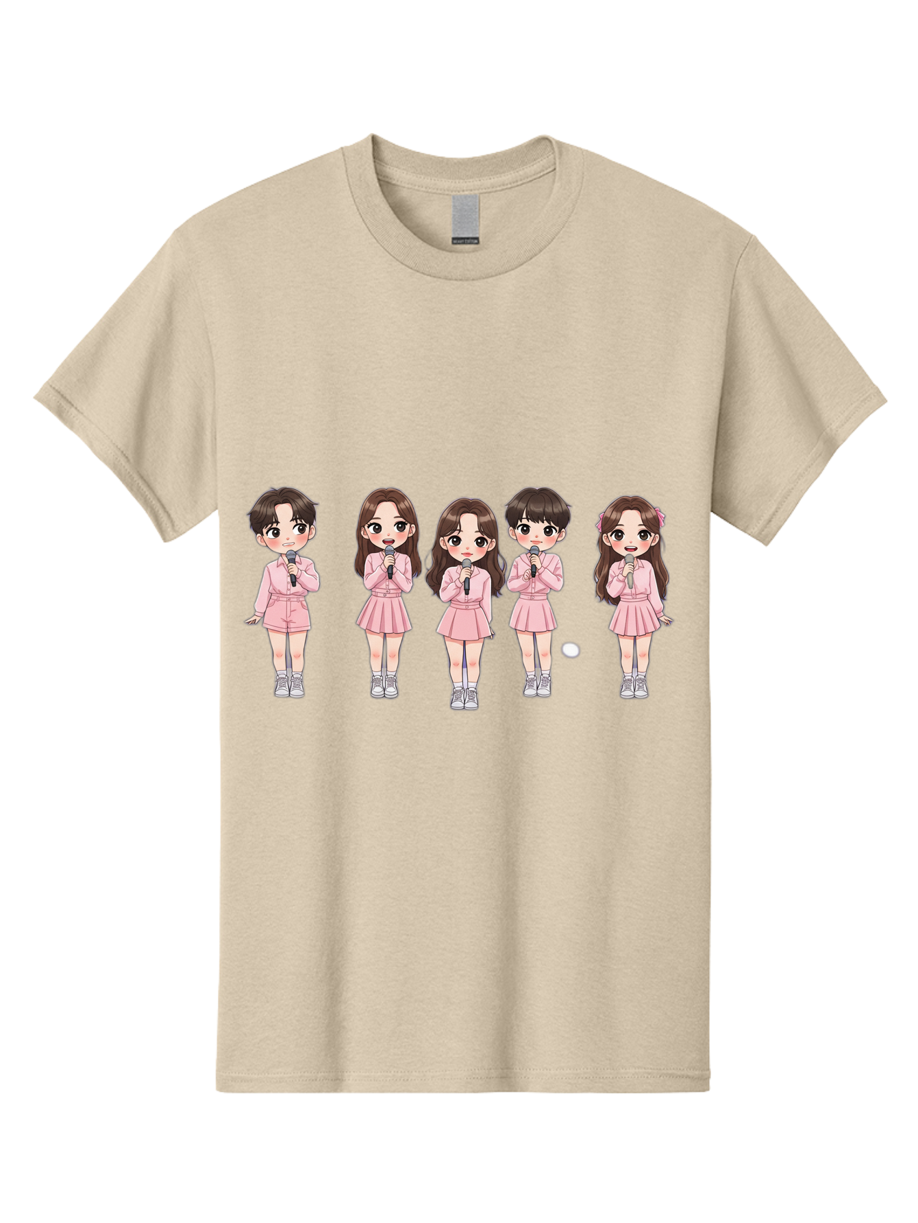 Newjeans Men'S Graphic Tee, 100% Cotton, Comfortable Casual Summer Wear, Machine Washable, Newjeans K-Pop Group, Cartoon Illustration, K-Pop Idols, Pink Outfits, Microphones, K-Pop Fandom, Chibi Style, K-Pop Fashion, Group Portrait Bac198