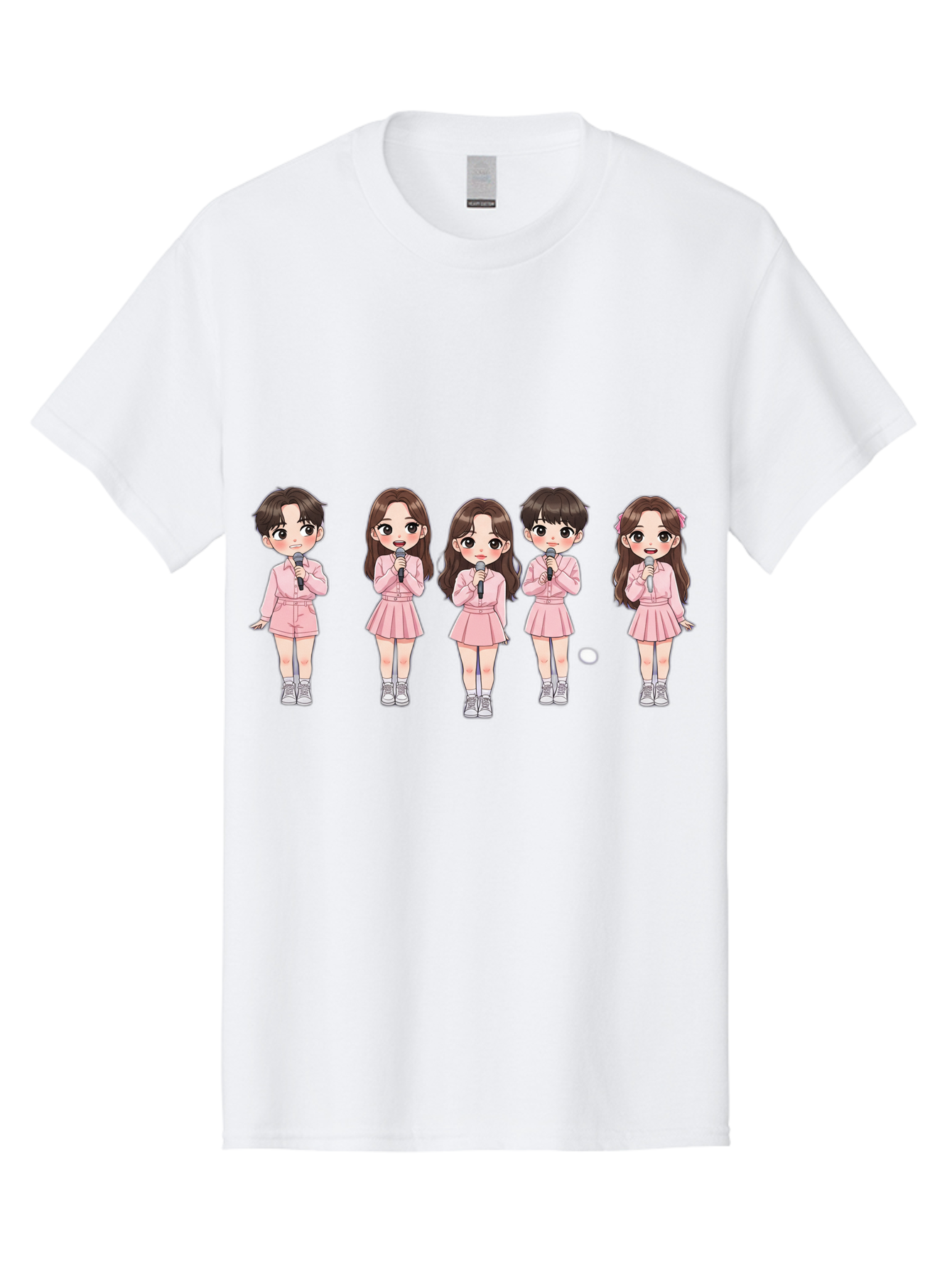 Newjeans Men'S Graphic Tee, 100% Cotton, Comfortable Casual Summer Wear, Machine Washable, Newjeans K-Pop Group, Cartoon Illustration, K-Pop Idols, Pink Outfits, Microphones, K-Pop Fandom, Chibi Style, K-Pop Fashion, Group Portrait Bac198