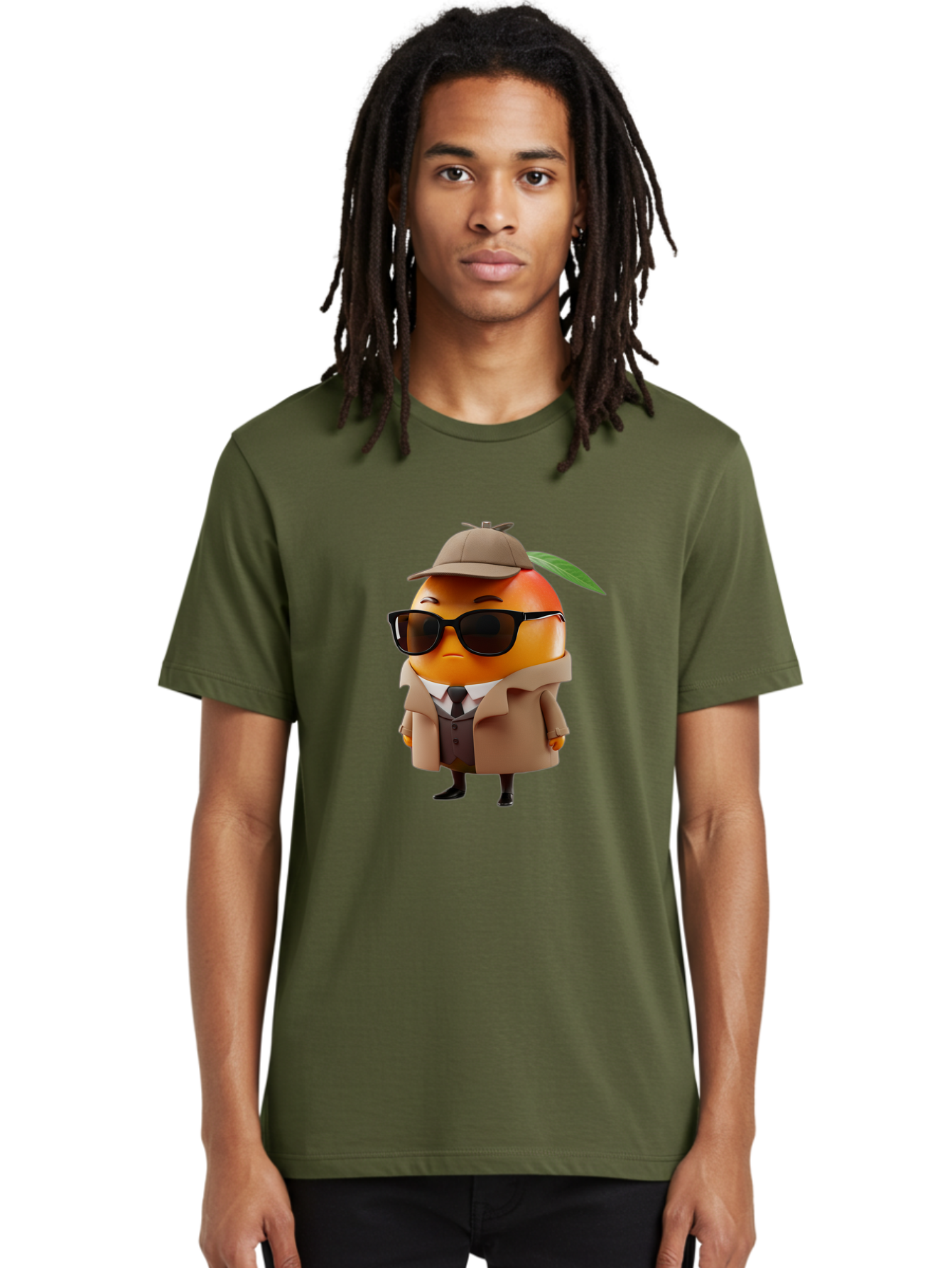 Orange-Detective Men'S Graphic Tee, 100% Cotton, Comfortable Casual Summer Wear, Machine Washable, Orange Character, Detective Orange, Anthropomorphic Fruit, Sunglasses, Trench Coat, Fedora Hat, Leaf Hatband, Stylish Outfit, Cartoon Character, Bac202