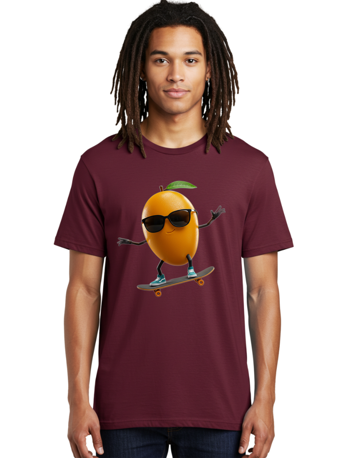 Orange-Skateboarder Men'S Graphic Tee, 100% Cotton, Comfortable Casual Summer Wear, Machine Washable, Cartoon Orange Character, Skateboarding, Sunglasses, Sneakers, Fun, Playful, Vibrant, Citrus Fruit Animation, Orange Skateboarder, Bac203