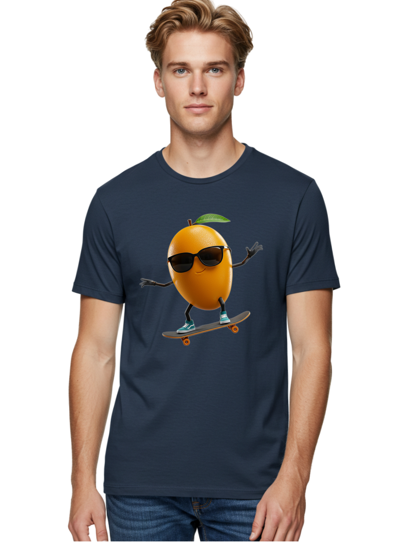 Orange-Skateboarder Men'S Graphic Tee, 100% Cotton, Comfortable Casual Summer Wear, Machine Washable, Cartoon Orange Character, Skateboarding, Sunglasses, Sneakers, Fun, Playful, Vibrant, Citrus Fruit Animation, Orange Skateboarder, Bac203
