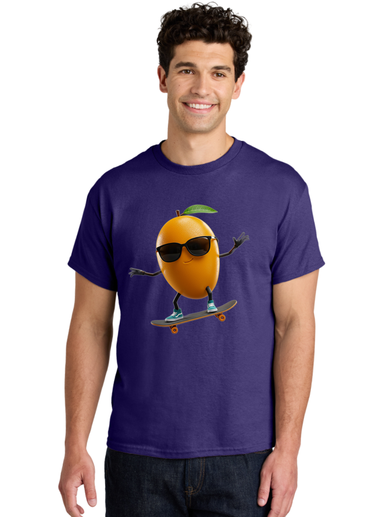 Orange-Skateboarder Men'S Graphic Tee, 100% Cotton, Comfortable Casual Summer Wear, Machine Washable, Cartoon Orange Character, Skateboarding, Sunglasses, Sneakers, Fun, Playful, Vibrant, Citrus Fruit Animation, Orange Skateboarder, Bac203