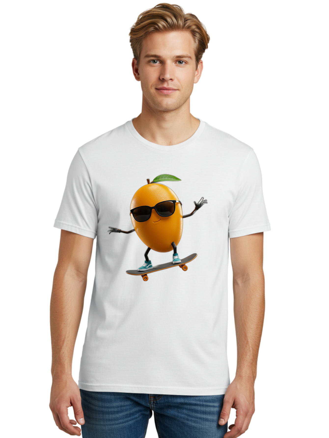 Orange-Skateboarder Men'S Graphic Tee, 100% Cotton, Comfortable Casual Summer Wear, Machine Washable, Cartoon Orange Character, Skateboarding, Sunglasses, Sneakers, Fun, Playful, Vibrant, Citrus Fruit Animation, Orange Skateboarder, Bac203