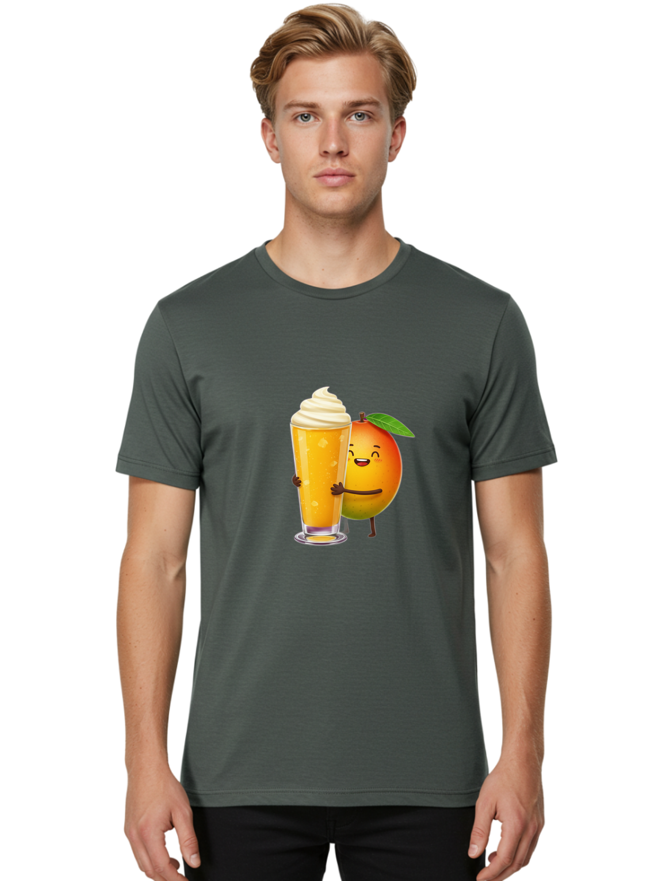 Orange-Smoothie Men'S Graphic Tee, 100% Cotton, Comfortable Casual Summer Wear, Machine Washable, Mango Smoothie, Creamy Texture, Orange Drink, Whipped Cream Topping, Cartoon Mango, Smiling Fruit, Happy Character, Refreshing Beverage, Bac204