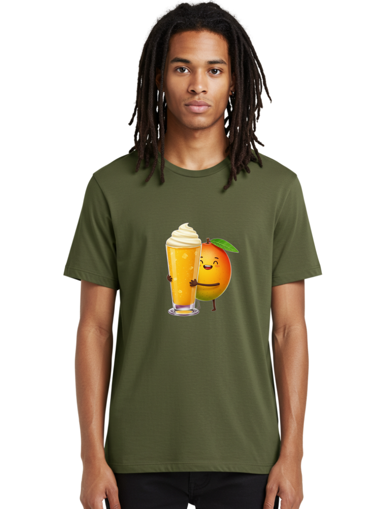 Orange-Smoothie Men'S Graphic Tee, 100% Cotton, Comfortable Casual Summer Wear, Machine Washable, Mango Smoothie, Creamy Texture, Orange Drink, Whipped Cream Topping, Cartoon Mango, Smiling Fruit, Happy Character, Refreshing Beverage, Bac204